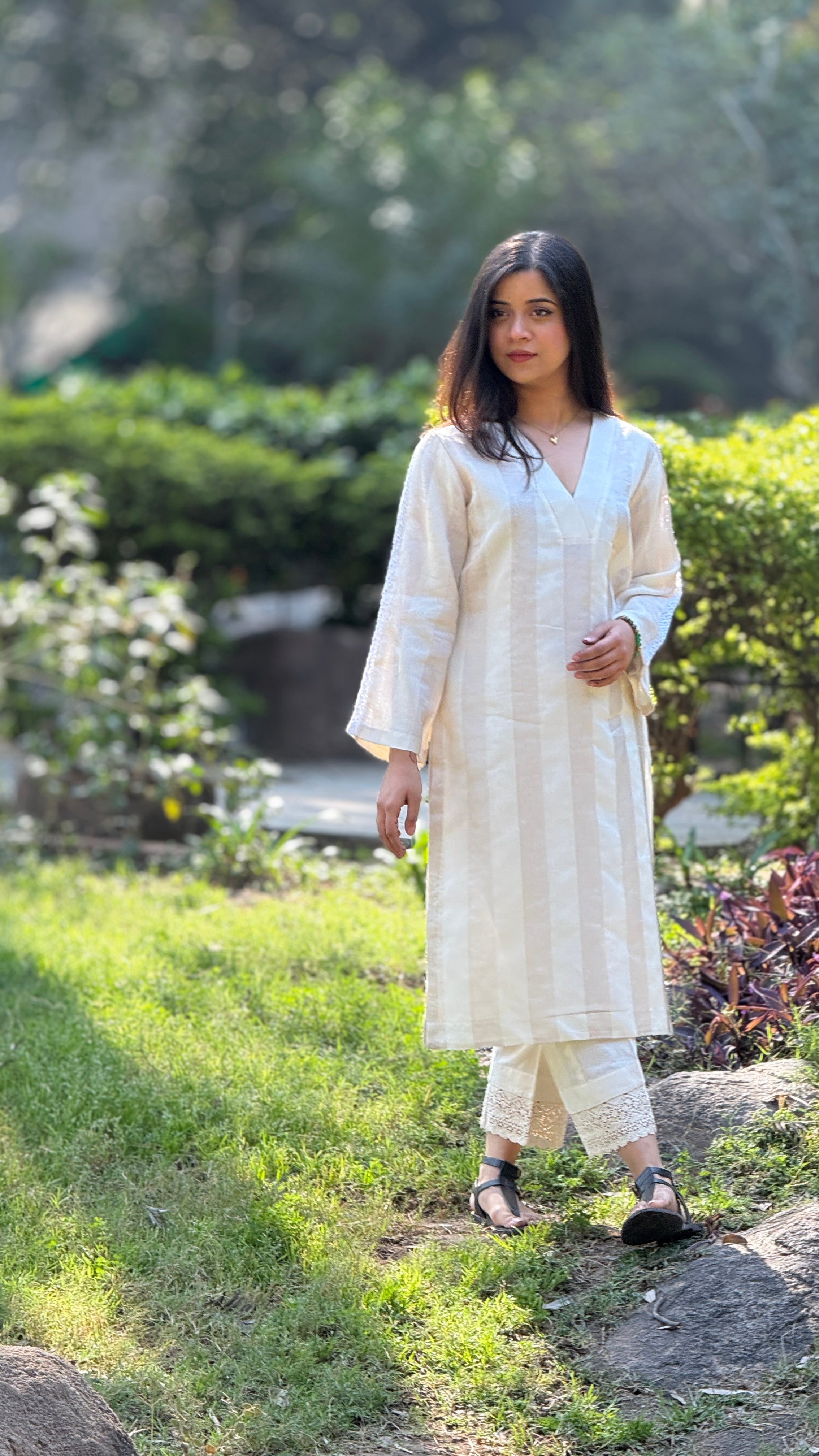 Noor Off-White Silver Striped Chanderi Kurta Set