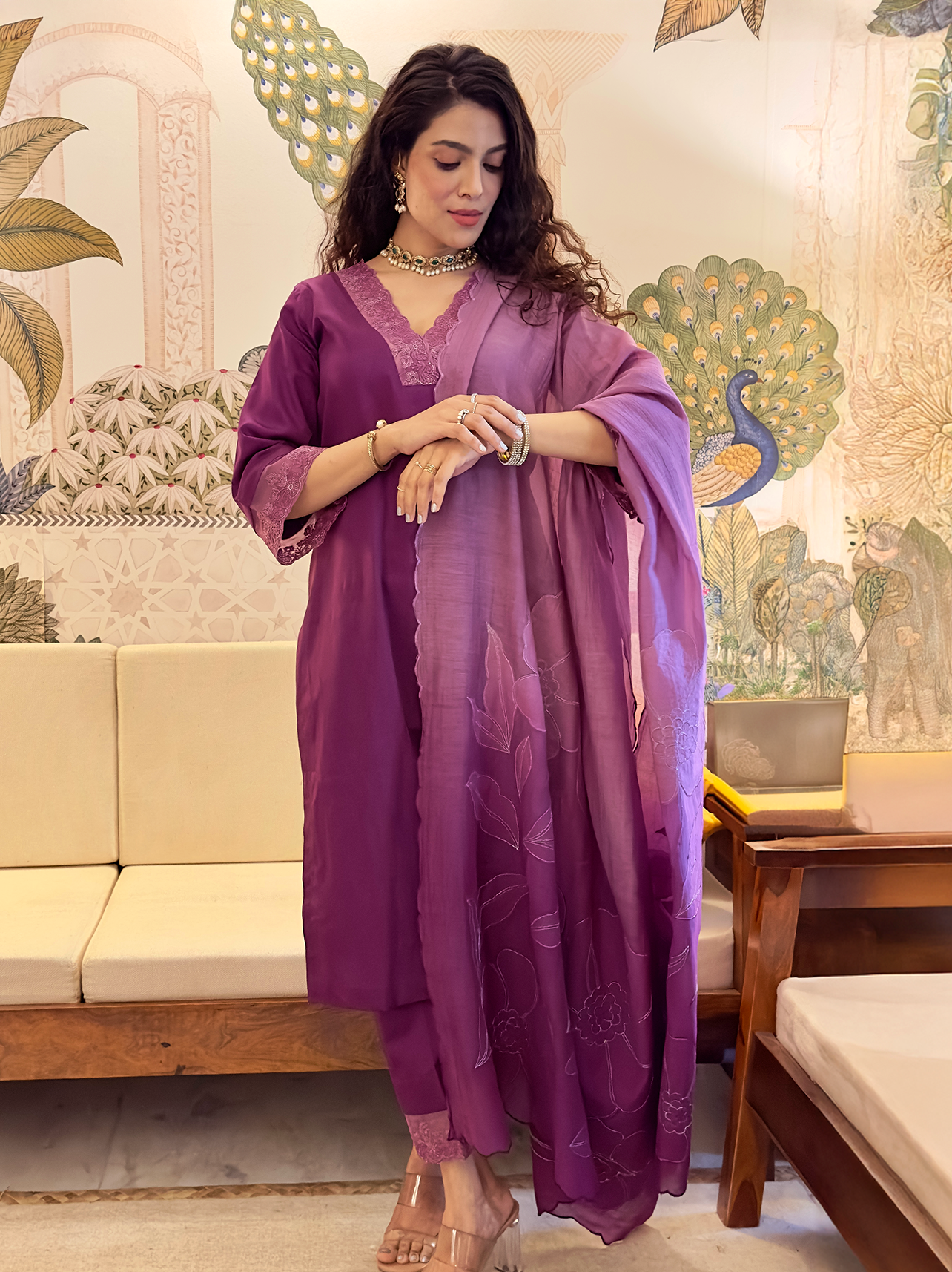 Mulberry Dual-Tone Suit with Intricate Appliqué Work