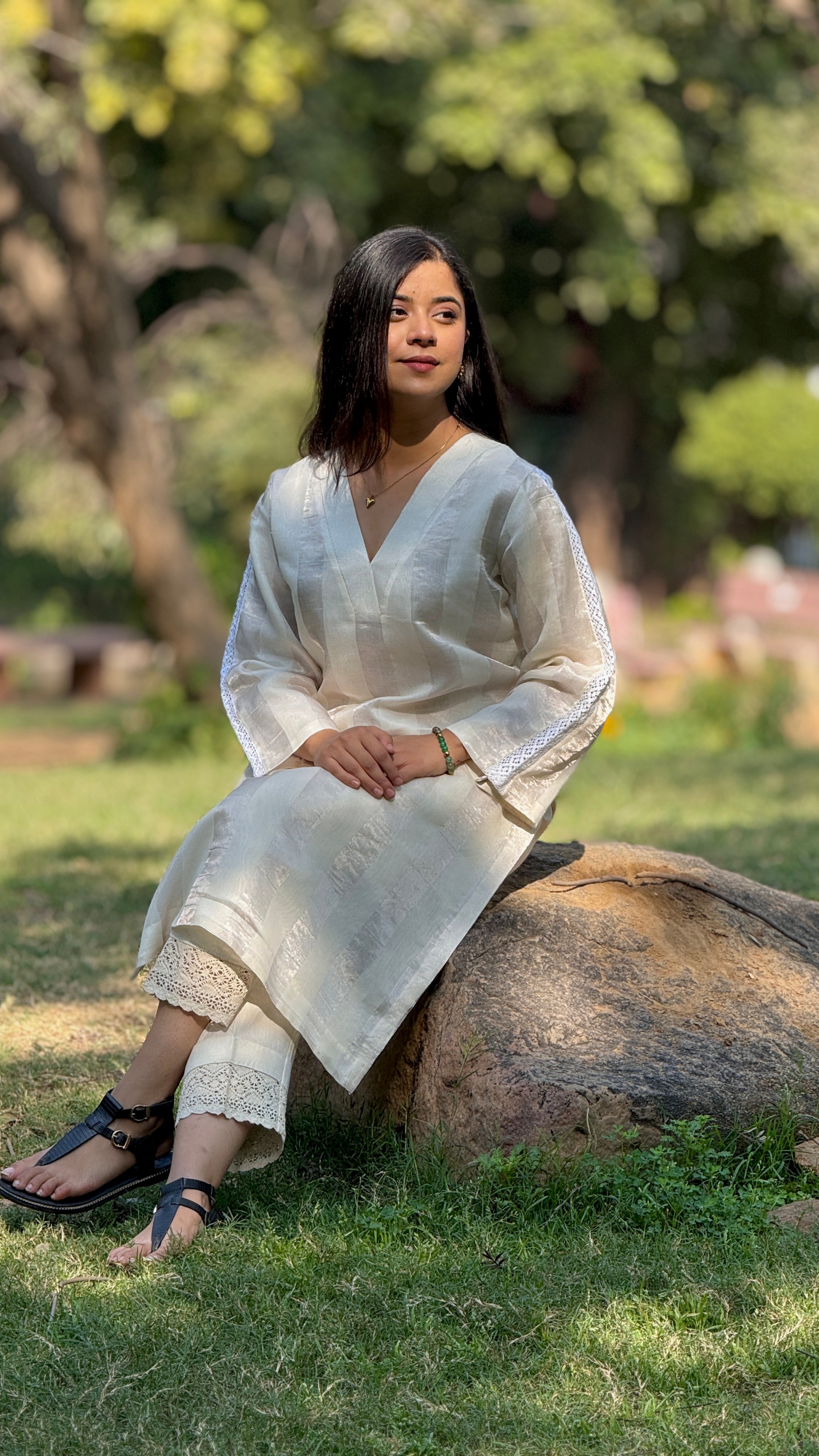 Noor Off-White Silver Striped Chanderi Kurta Set