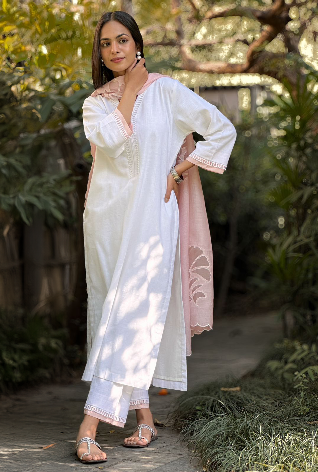 White cotton linen set with a cutwork chanderi dupatta