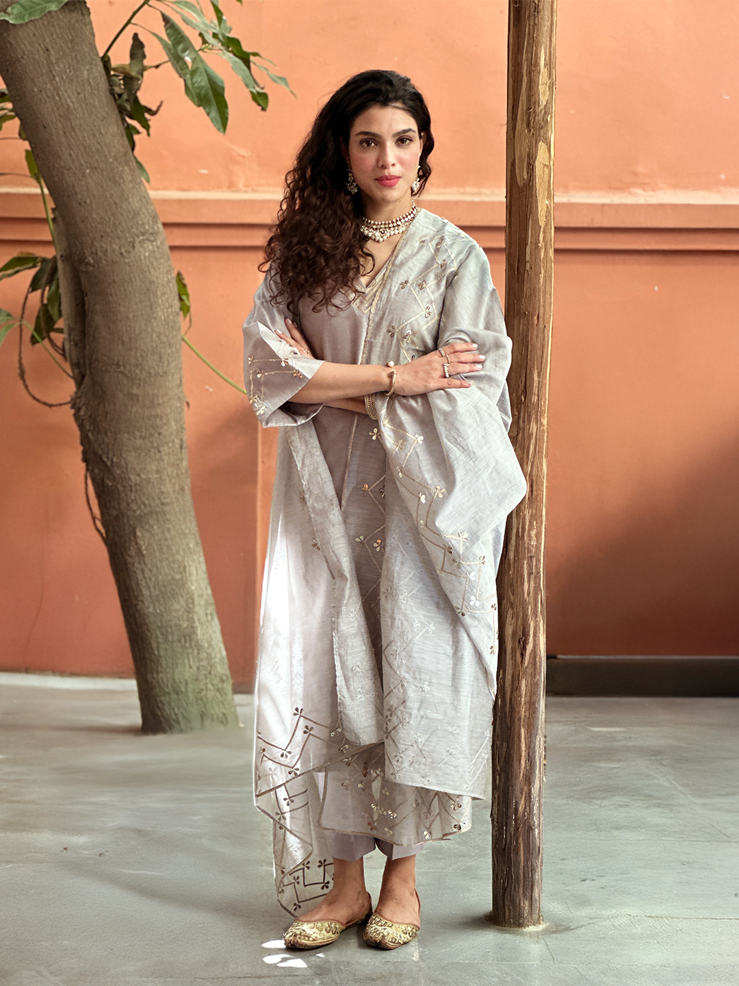 Silver Frost Ensemble with Gota Patti Accents chanderi set
