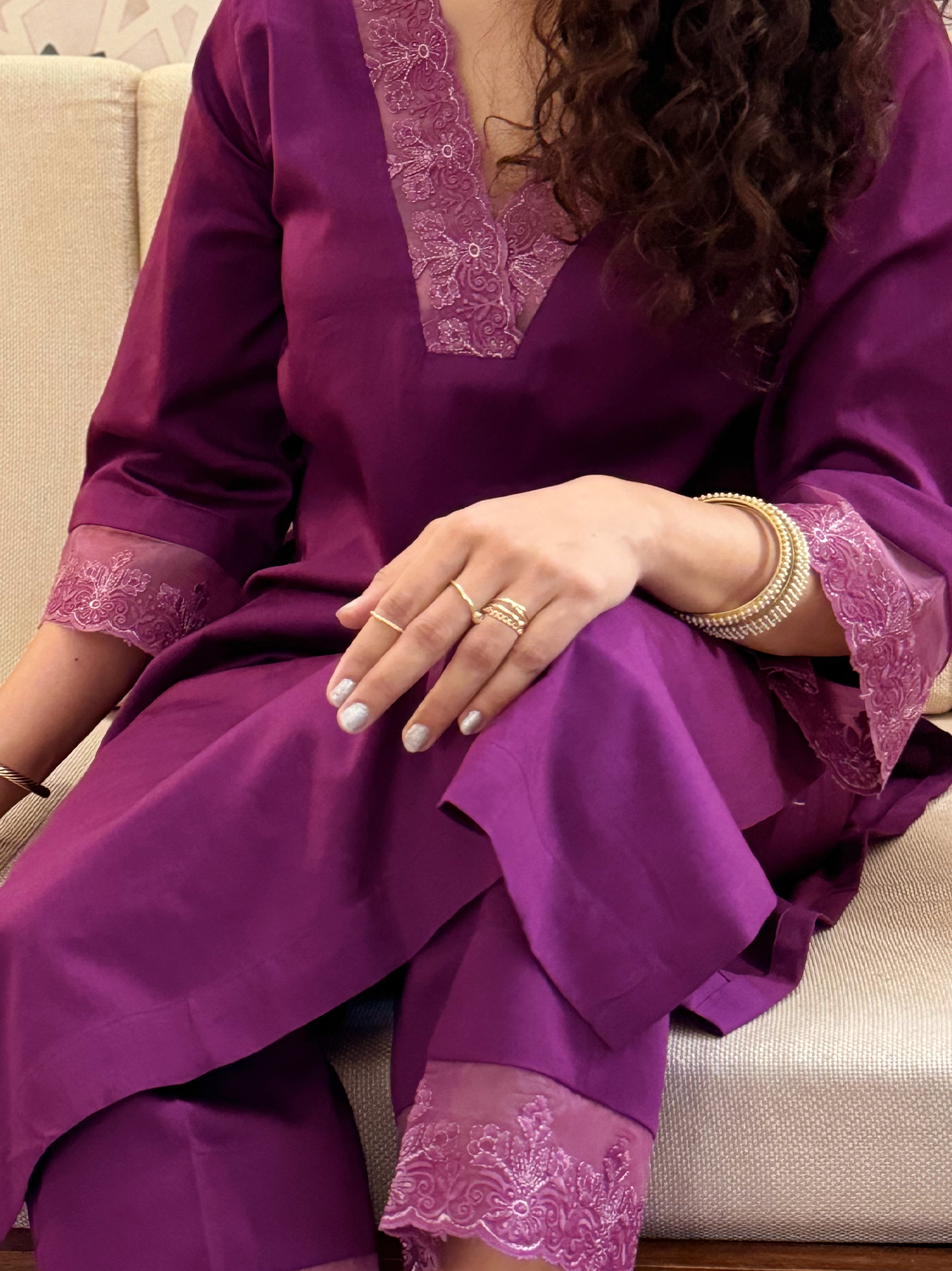 Mulberry Dual-Tone Suit with Intricate Appliqué Work