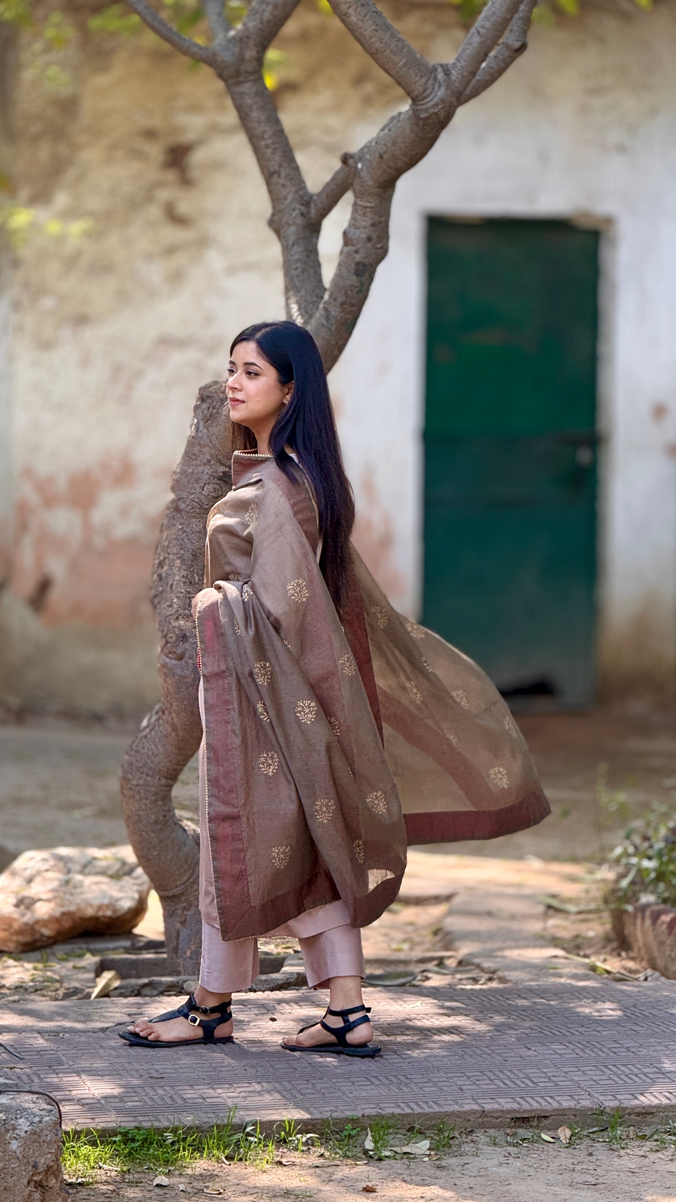Olive ember cotton block printed Chanderi dupatta set