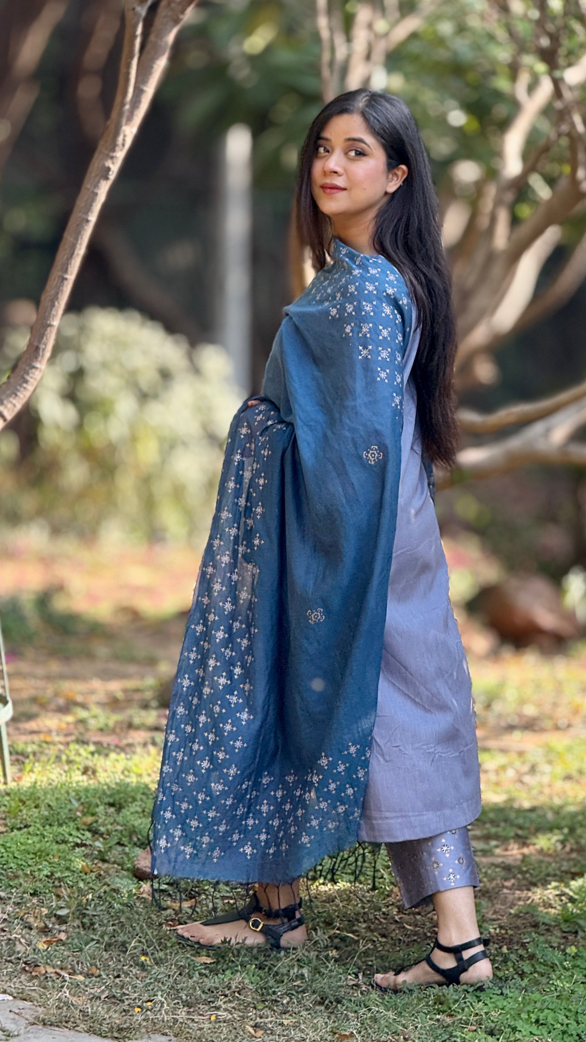 Midnight bloom block printed Chanderi dupatta set