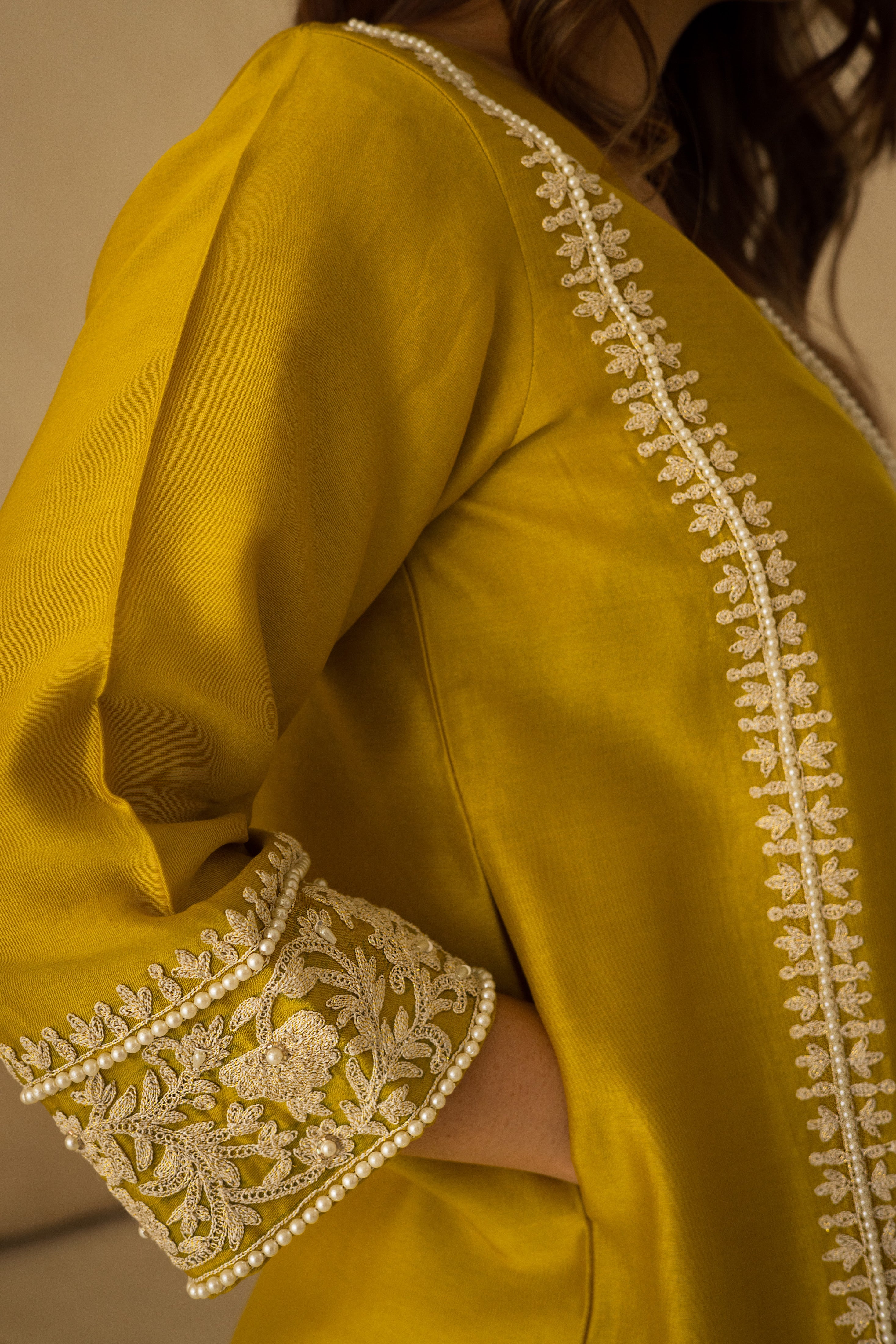Sunglow yellow chanderi embroidered pearl suit set
