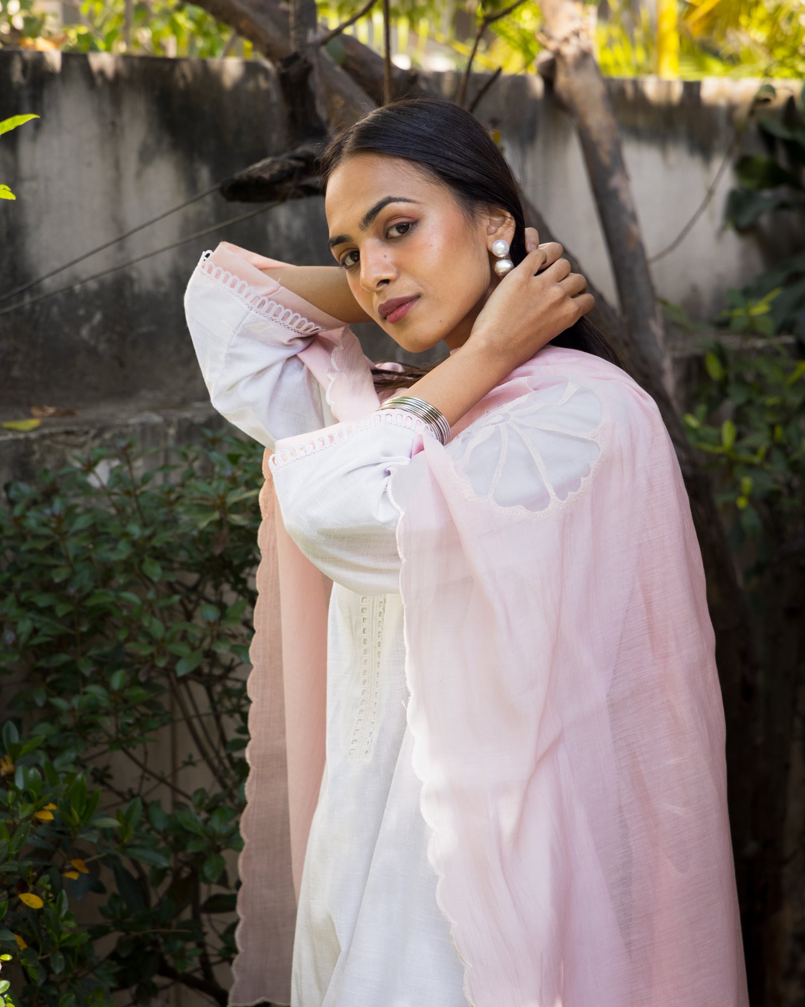 White cotton linen set with a cutwork chanderi dupatta