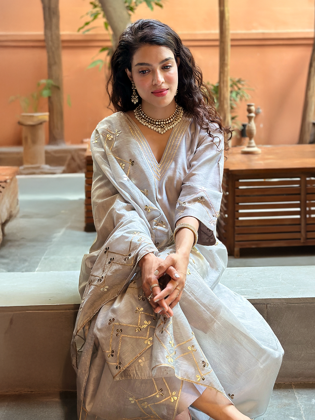 Silver Frost Ensemble with Gota Patti Accents chanderi set