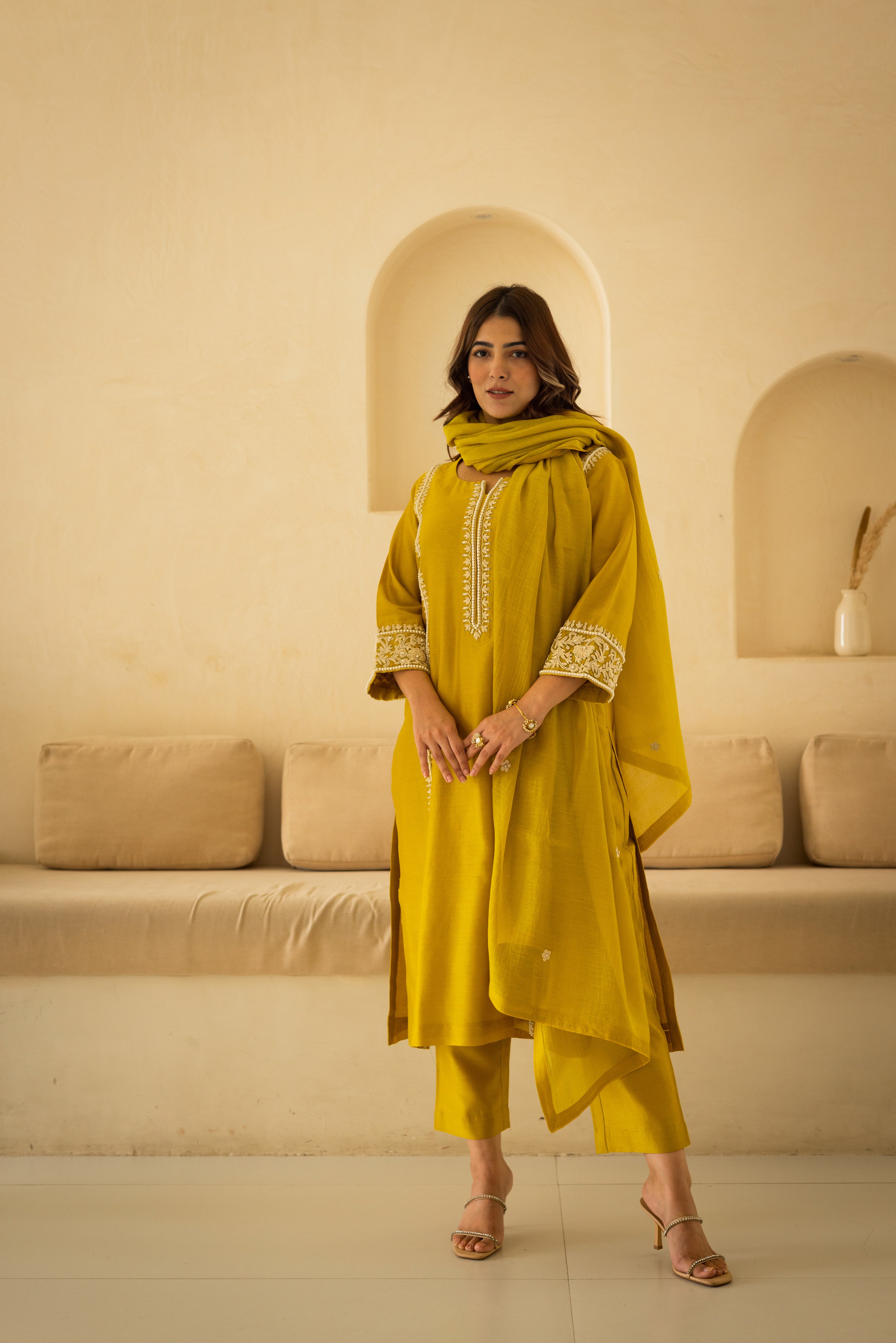 Sunglow yellow chanderi embroidered pearl suit set