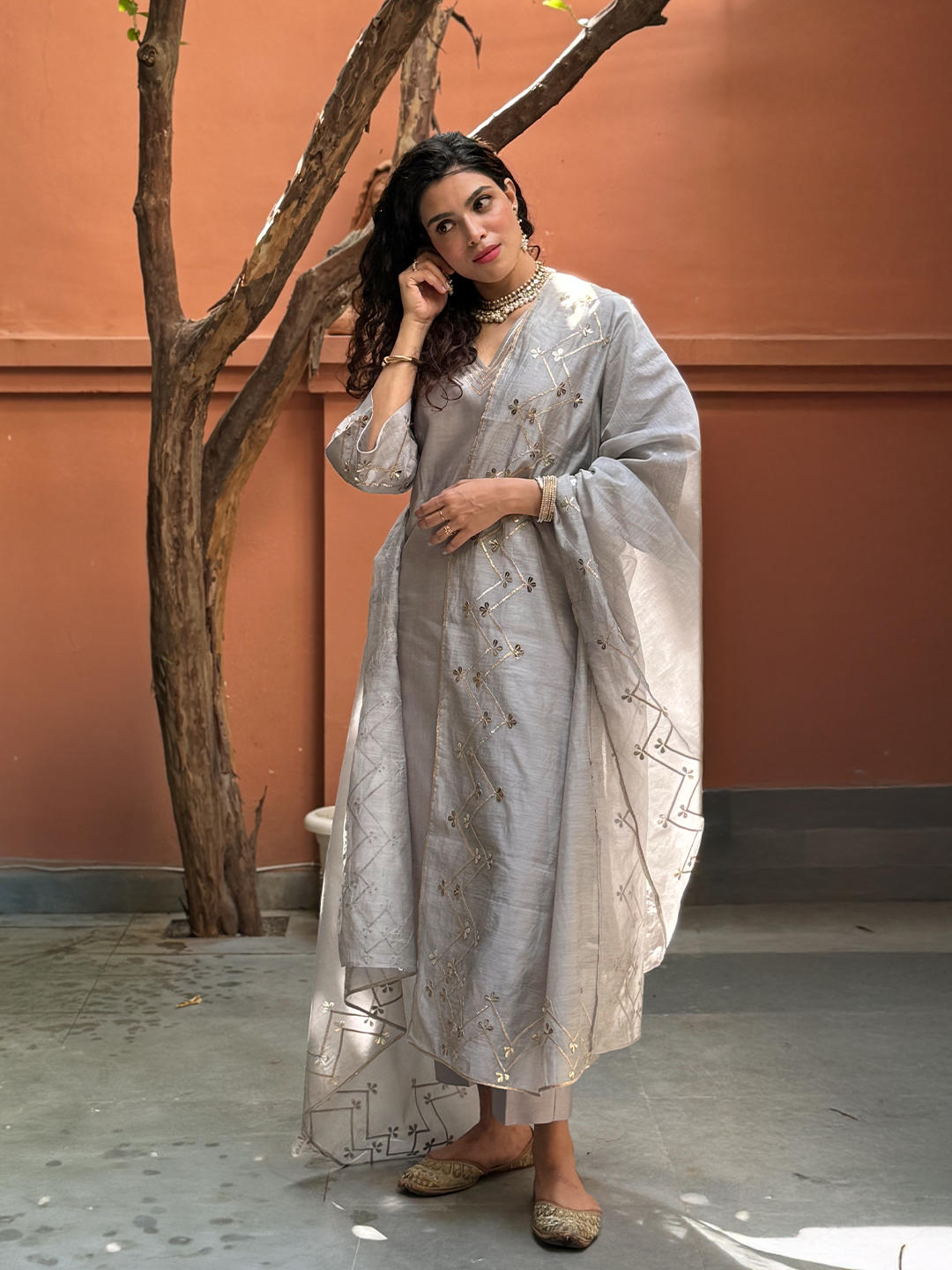 Silver Frost Ensemble with Gota Patti Accents chanderi set