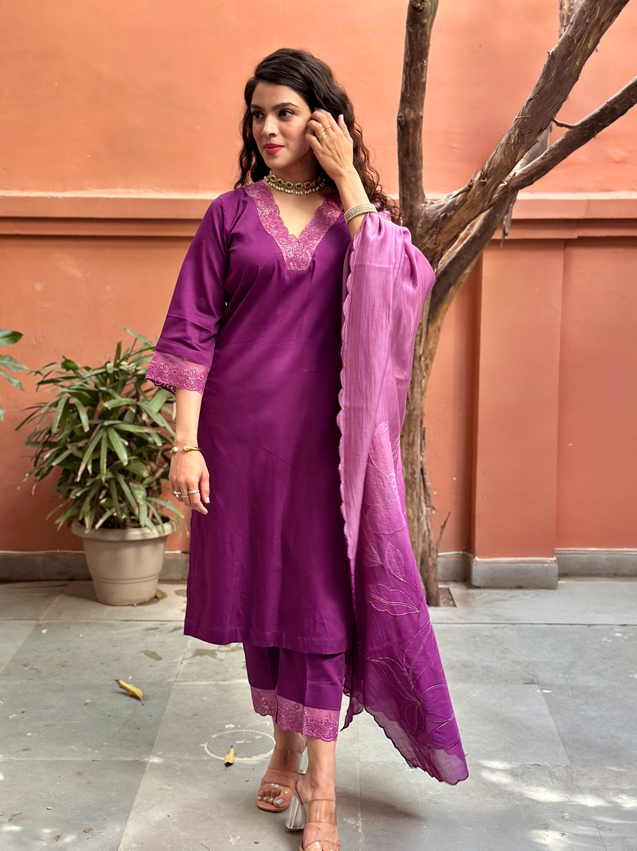 Mulberry Dual-Tone Suit with Intricate Appliqué Work