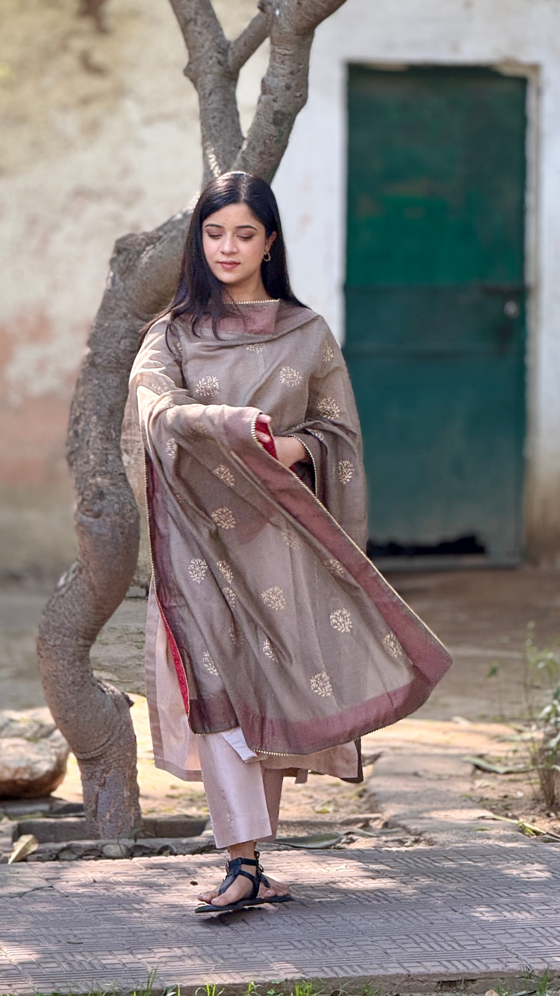Olive ember cotton block printed Chanderi dupatta set
