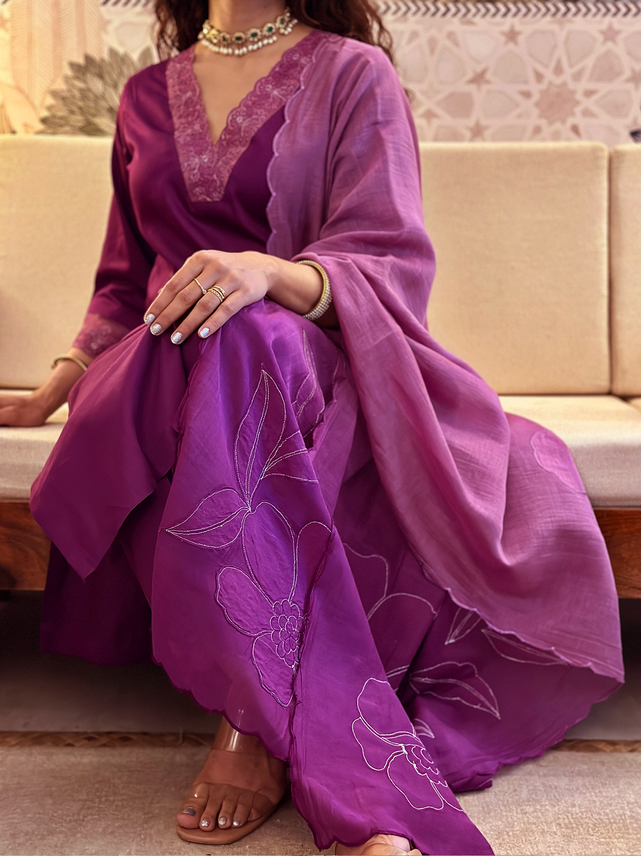 Mulberry Dual-Tone Suit with Intricate Appliqué Work