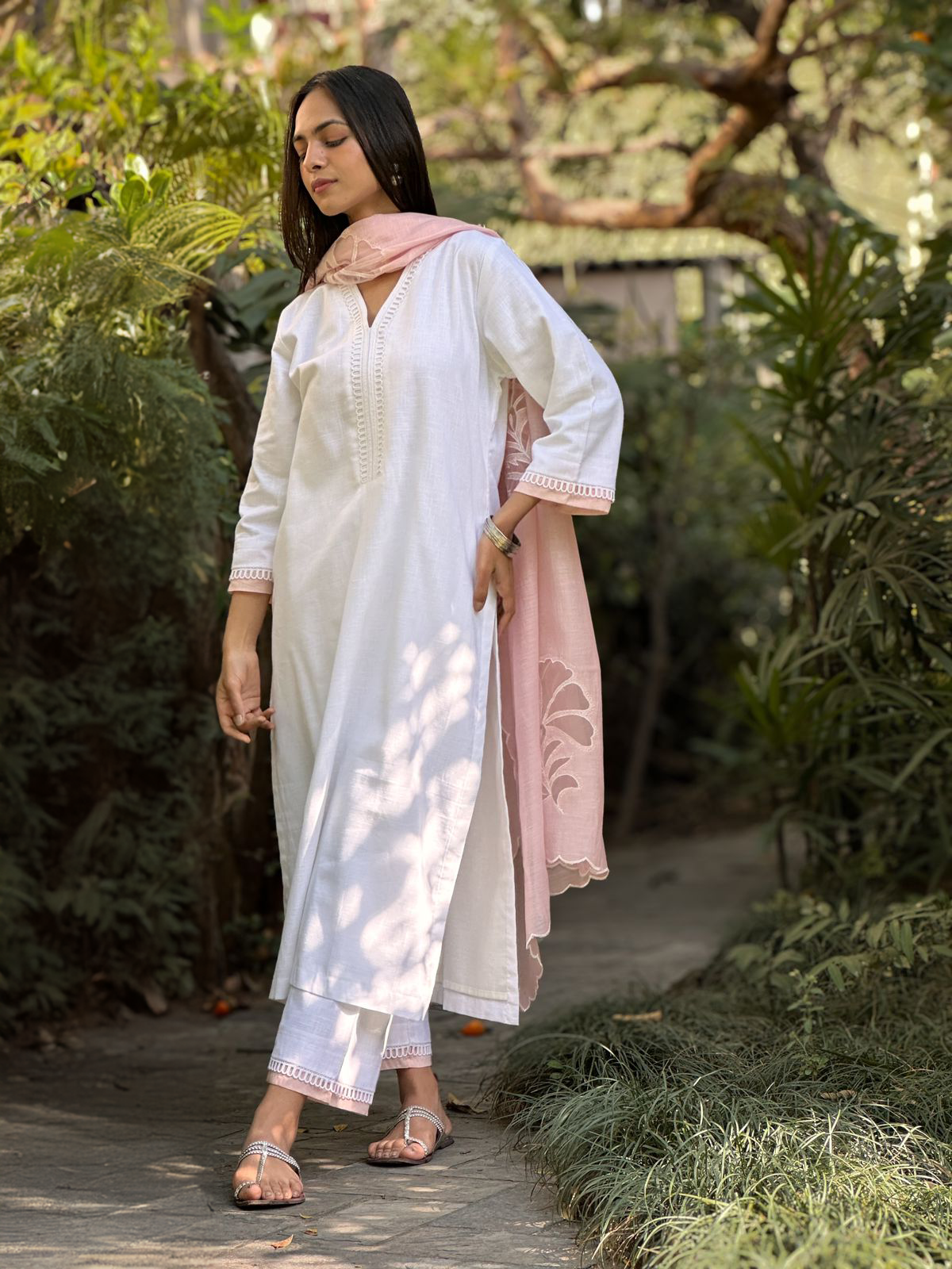 White cotton linen set with a cutwork chanderi dupatta