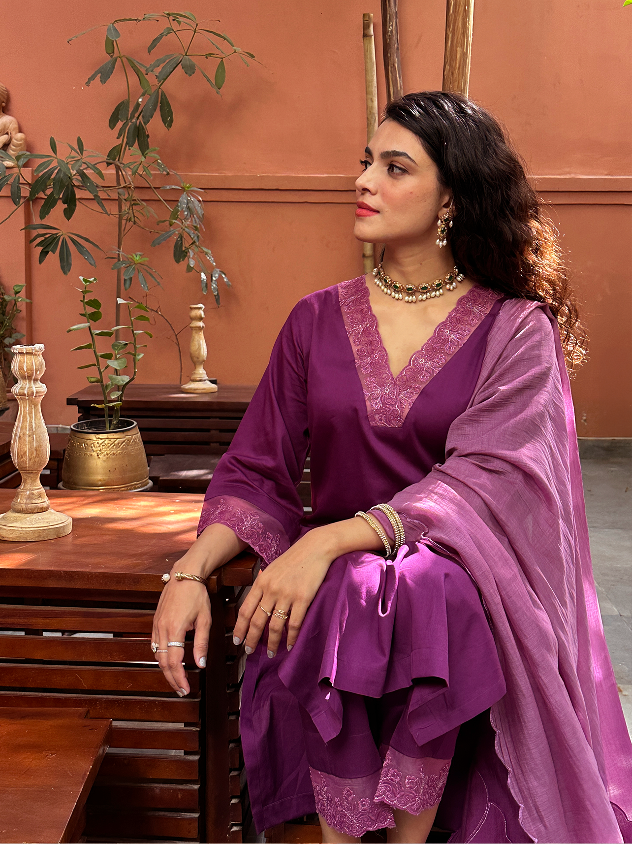 Mulberry Dual-Tone Suit with Intricate Appliqué Work