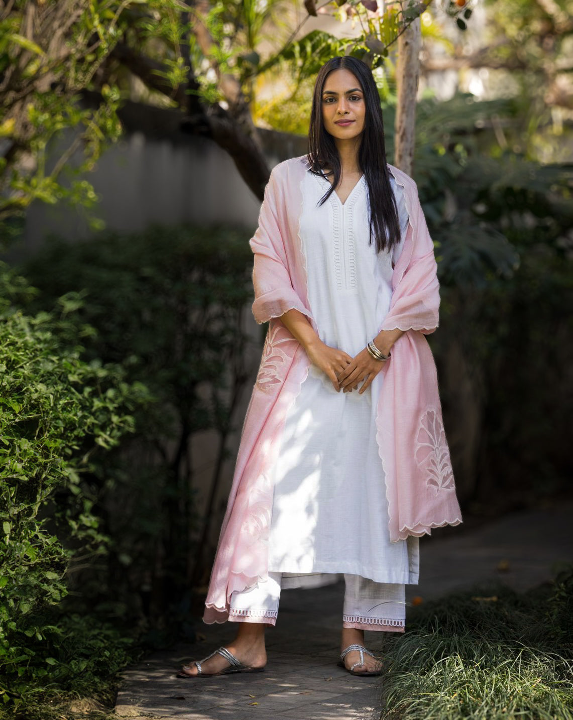 White cotton linen set with a cutwork chanderi dupatta