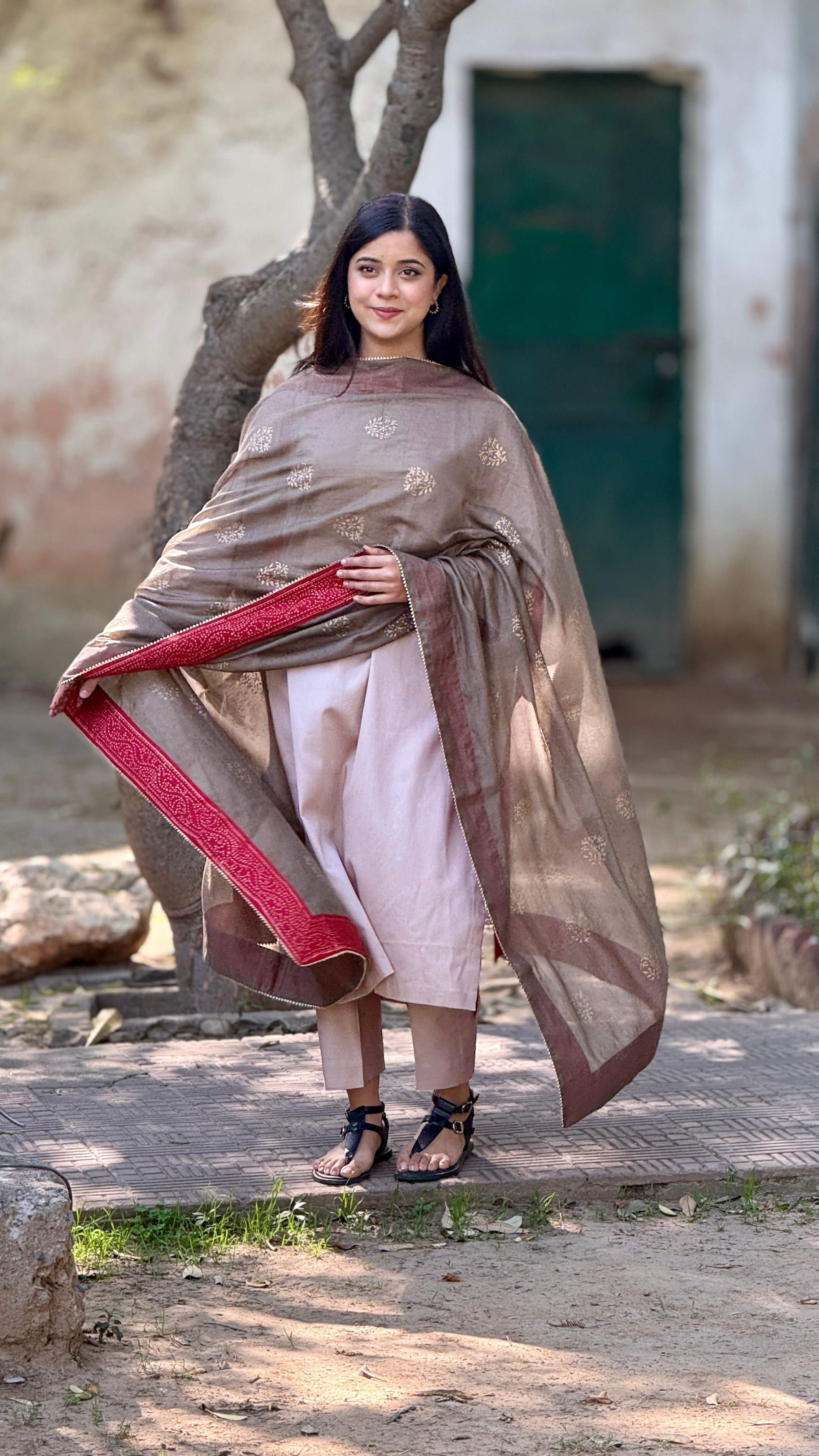 Olive ember cotton block printed Chanderi dupatta set