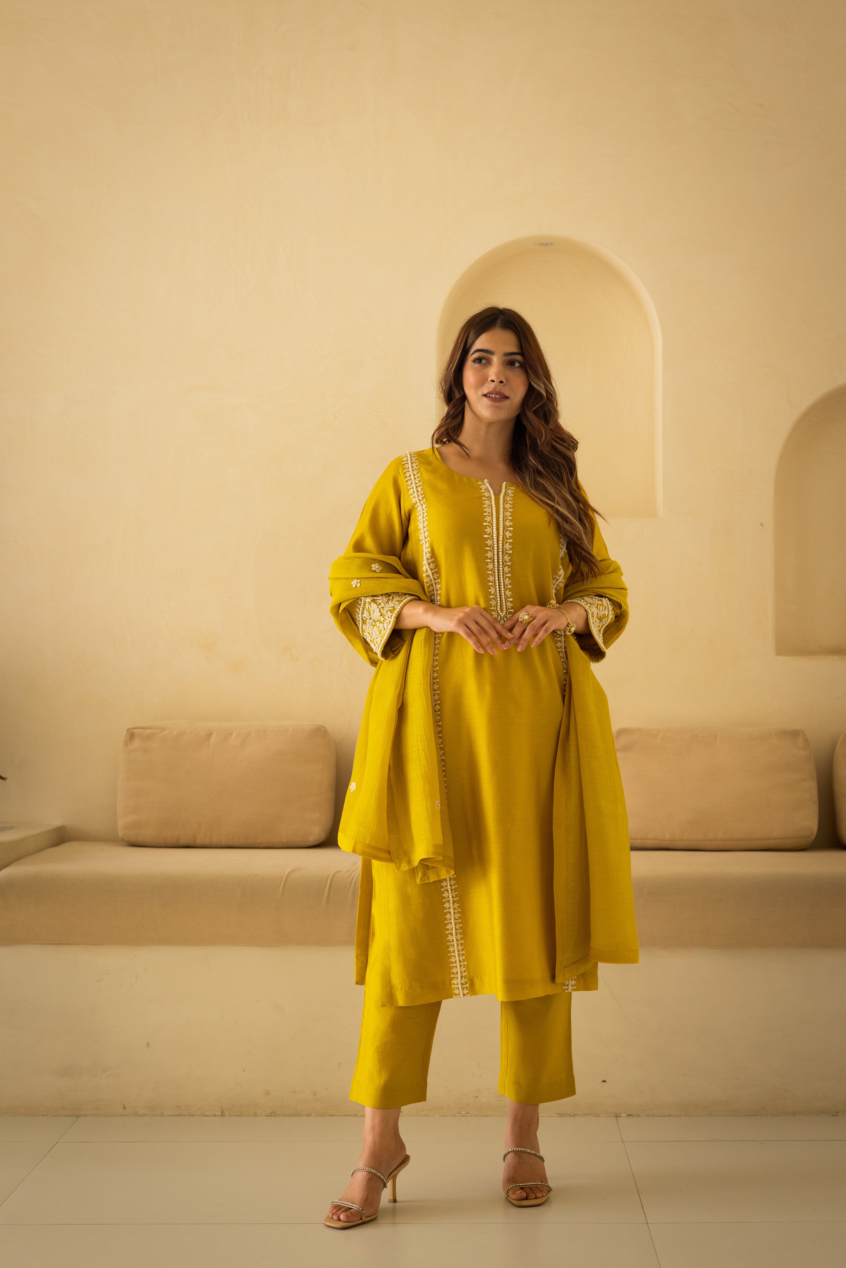 Sunglow yellow chanderi embroidered pearl suit set