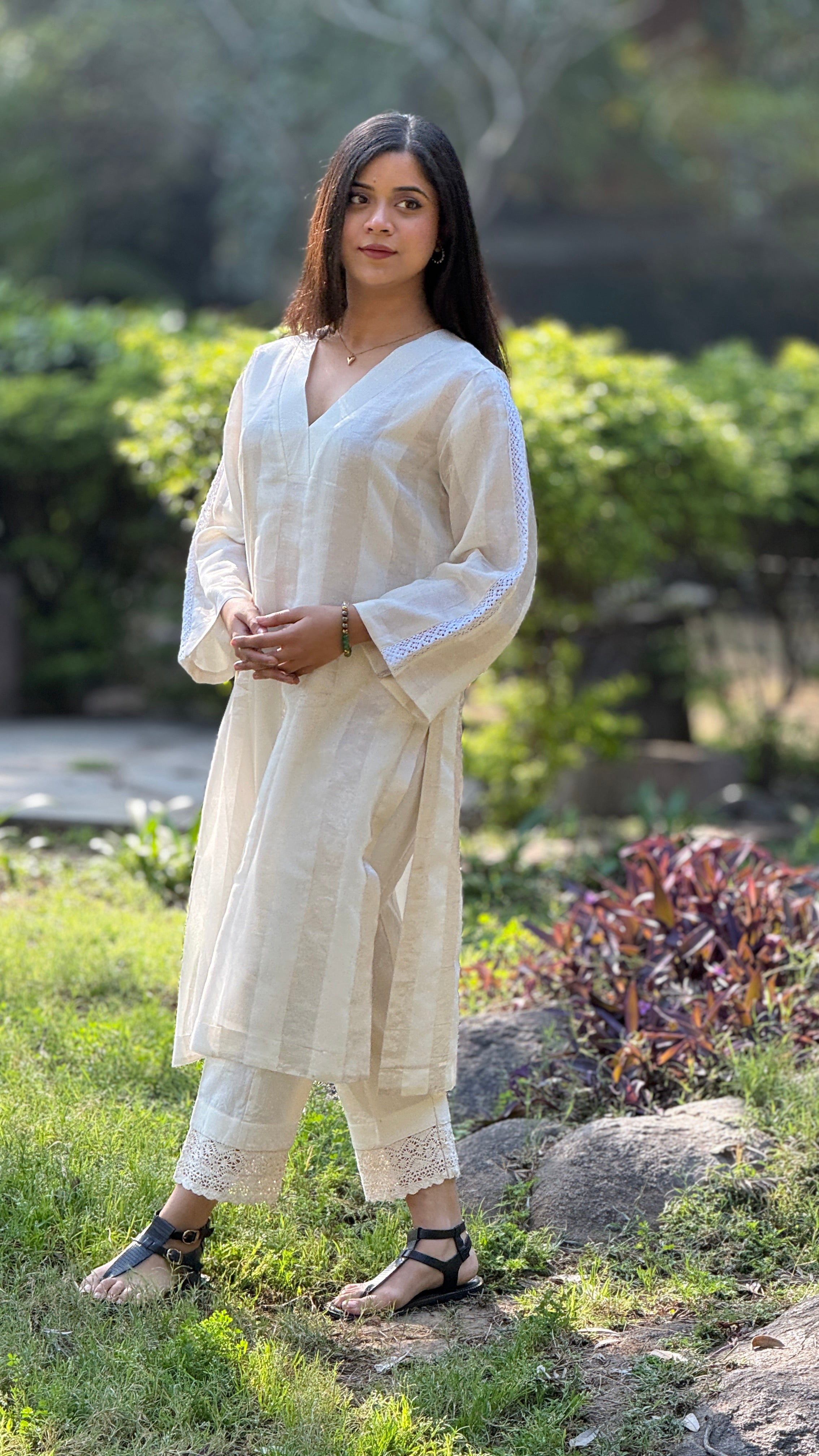Noor Off-White Silver Striped Chanderi Kurta Set