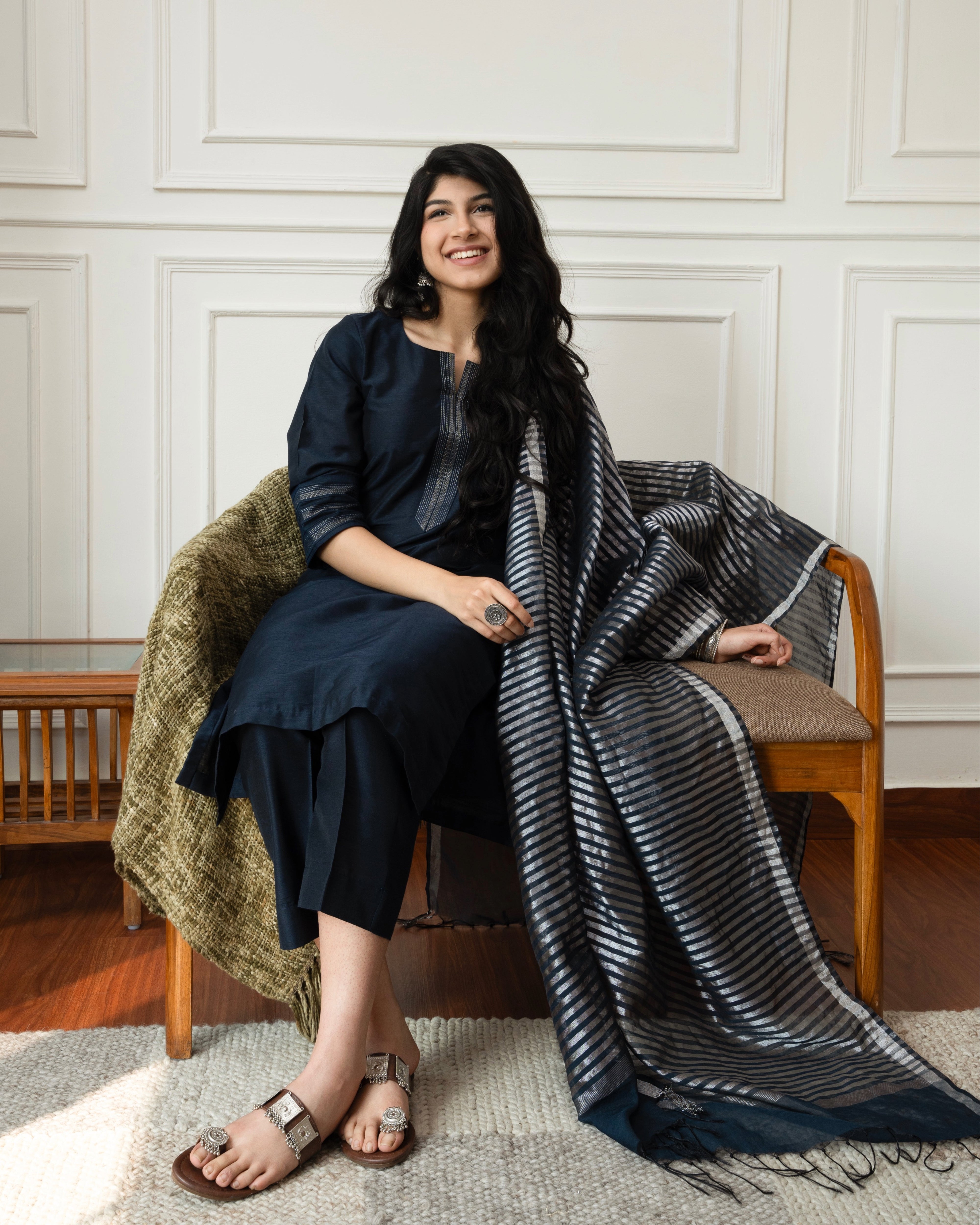 Midnight ease - Cotton slub kurta set with chanderi dupatta