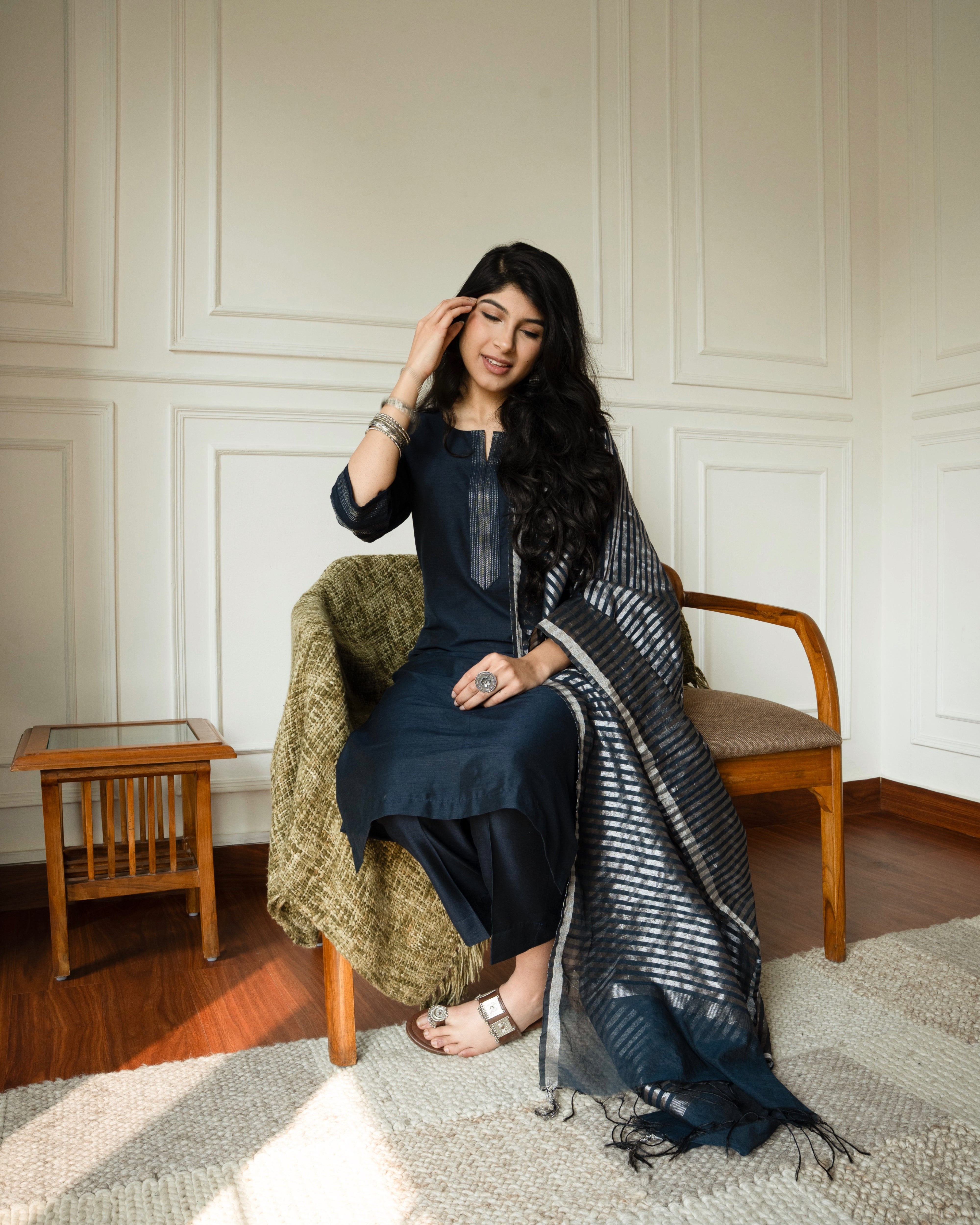 Midnight ease - Cotton slub kurta set with chanderi dupatta