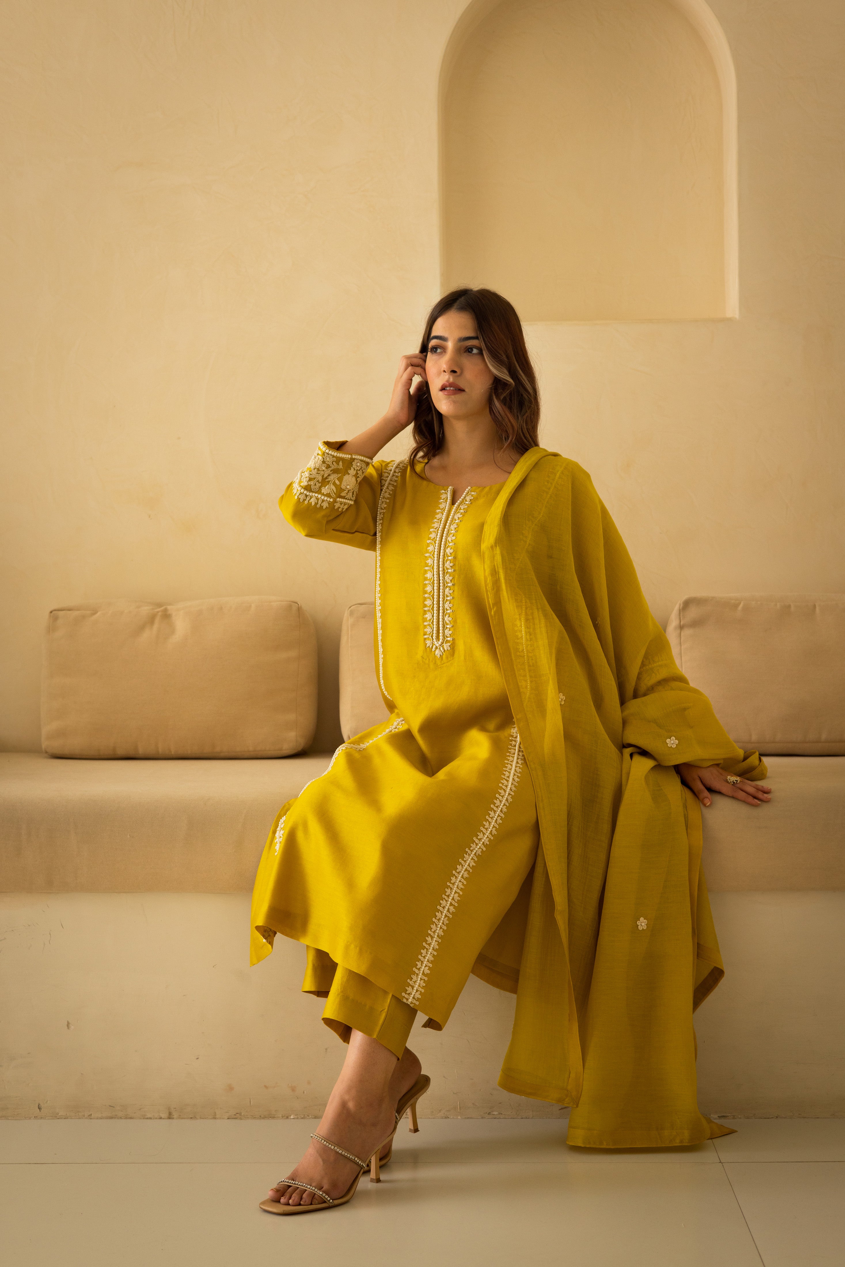 Sunglow yellow chanderi embroidered pearl suit set