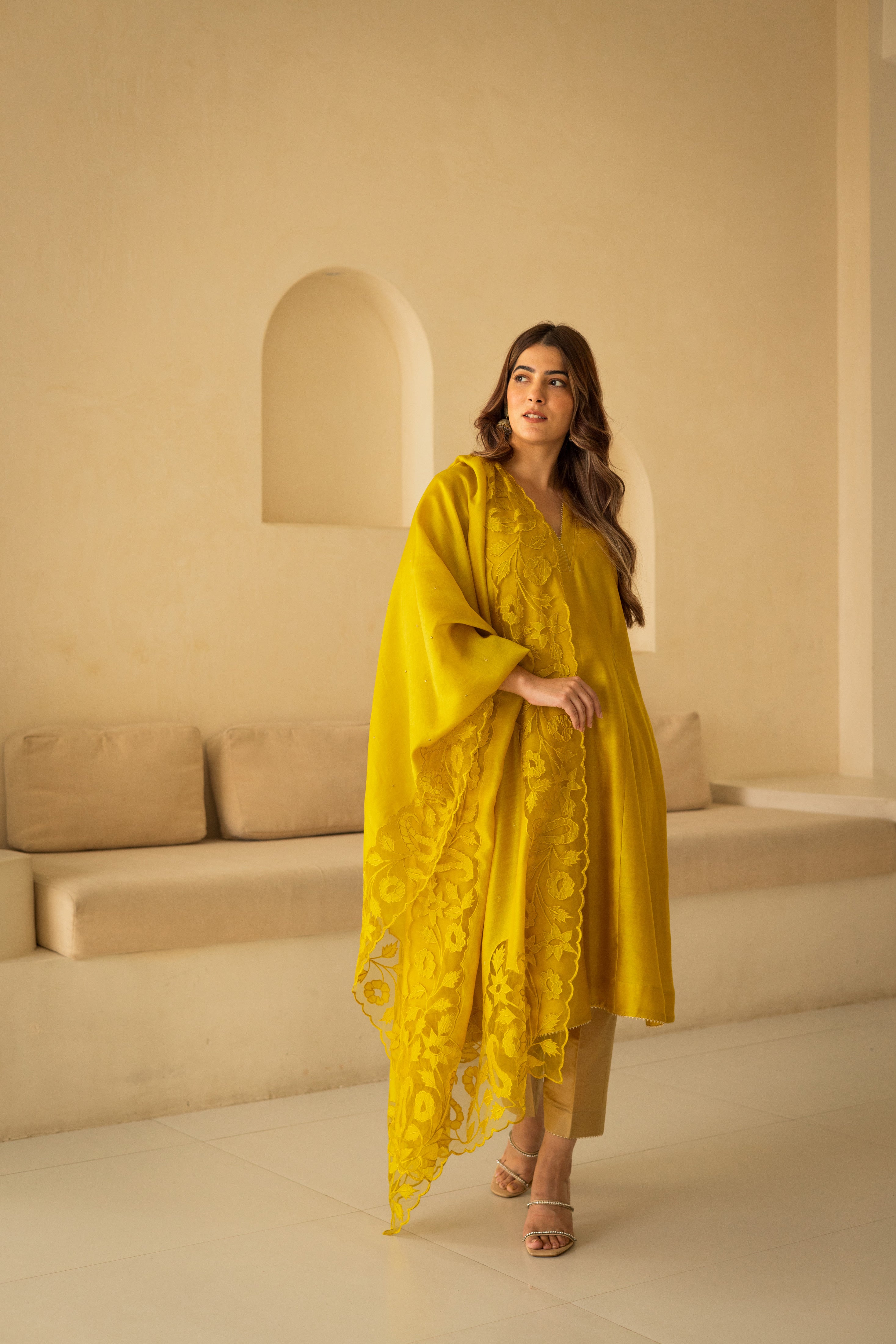 Sunshine yellow cutwork chanderi Anarkali set