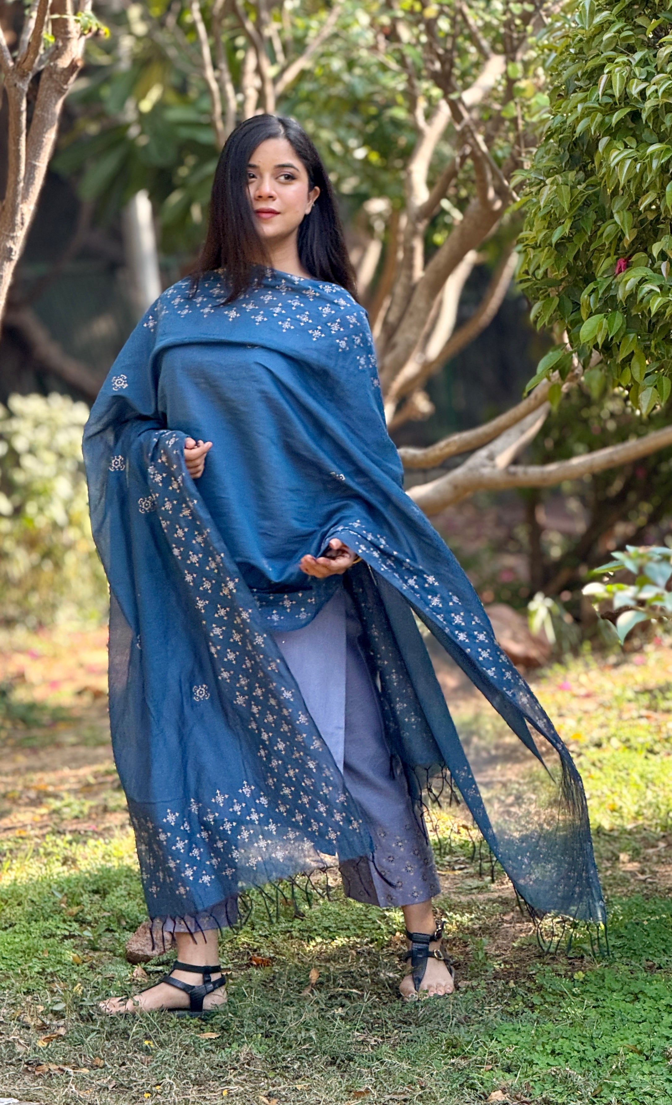 Midnight bloom block printed Chanderi dupatta set