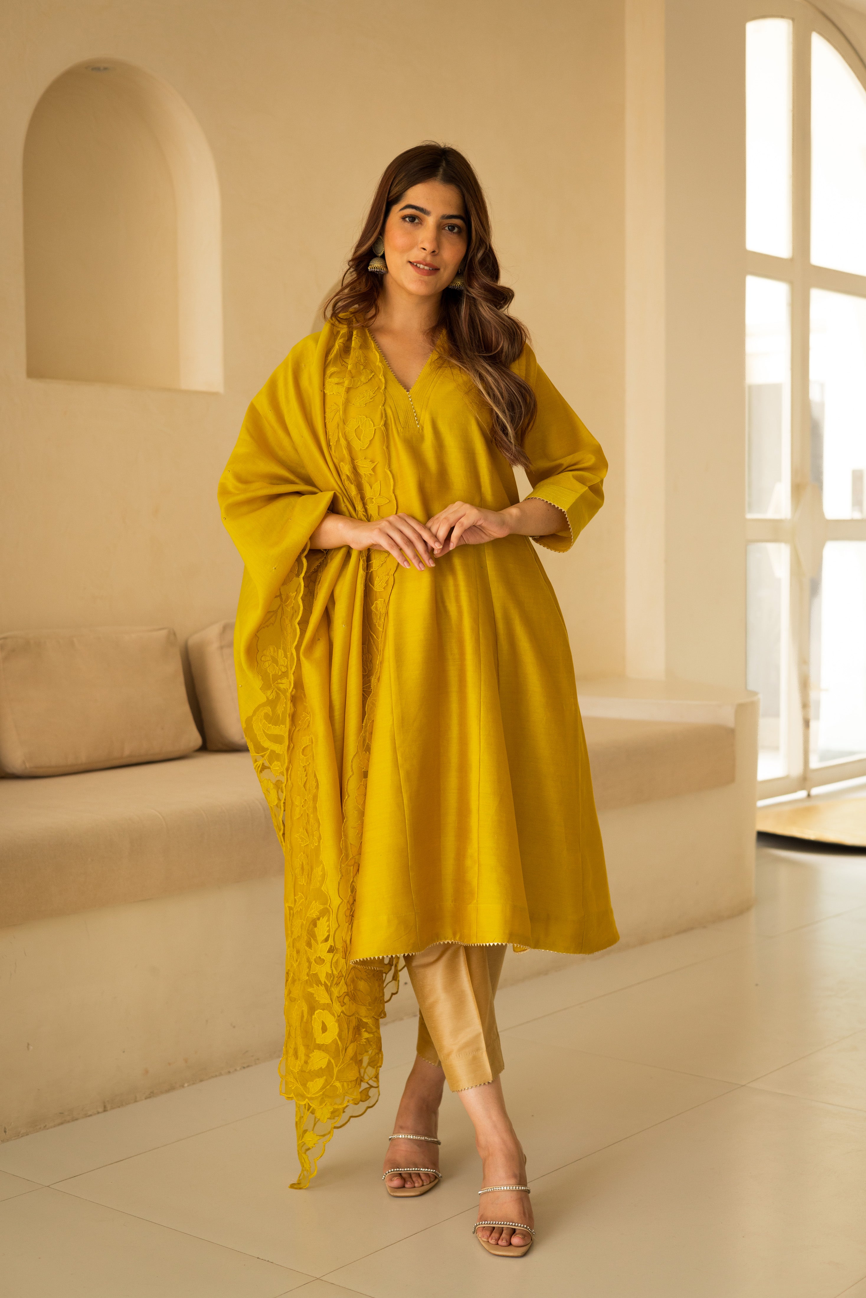 Sunshine yellow cutwork chanderi Anarkali set