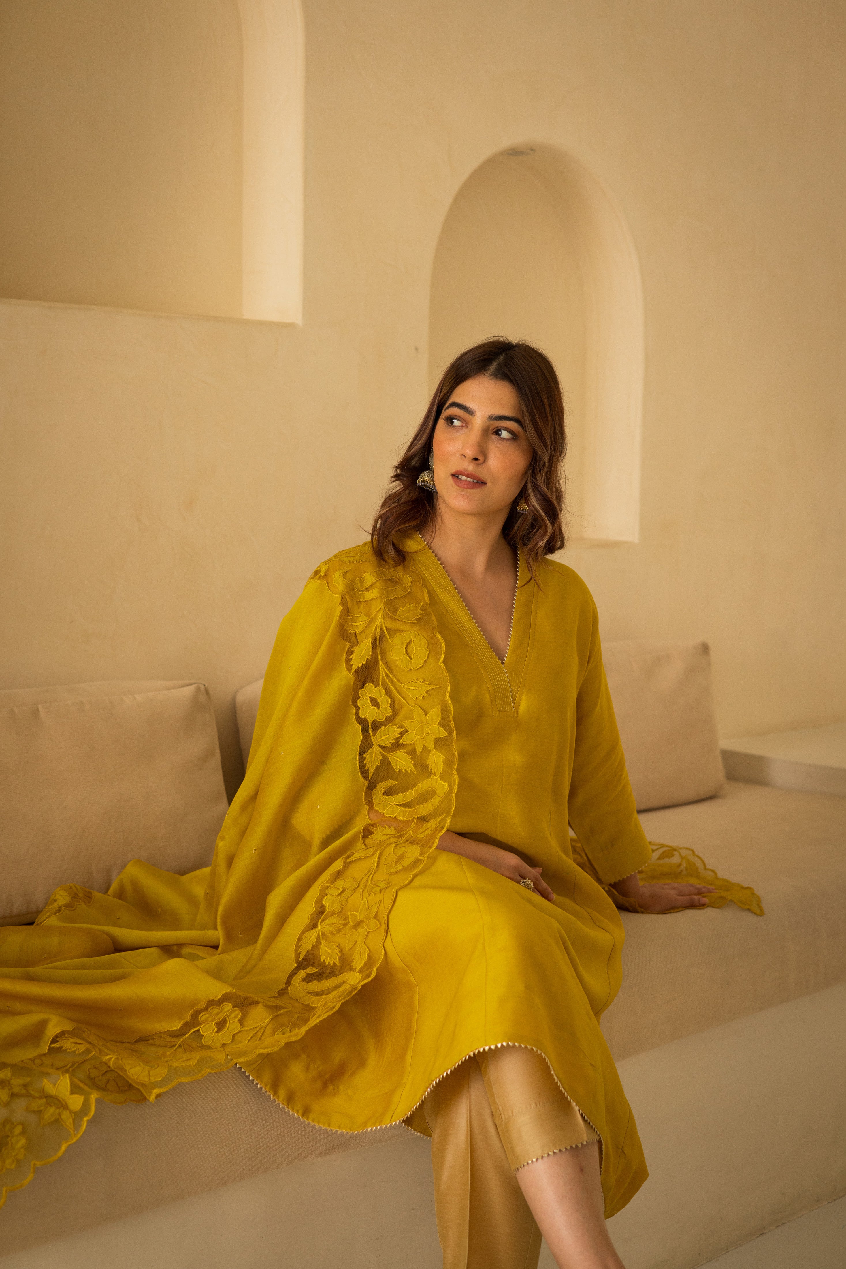 Sunshine yellow cutwork chanderi Anarkali set