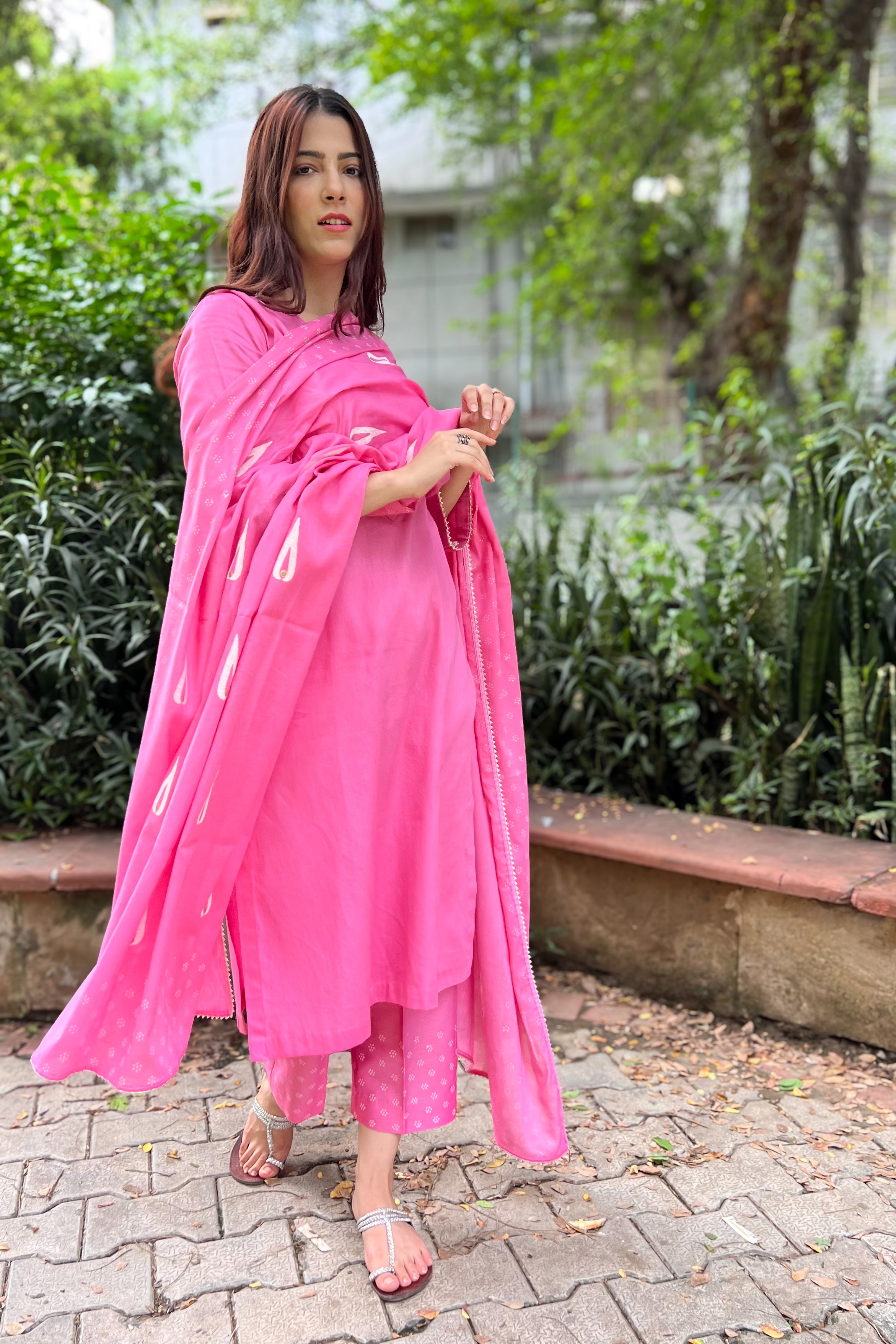 Mulberry pink block printed cotton set