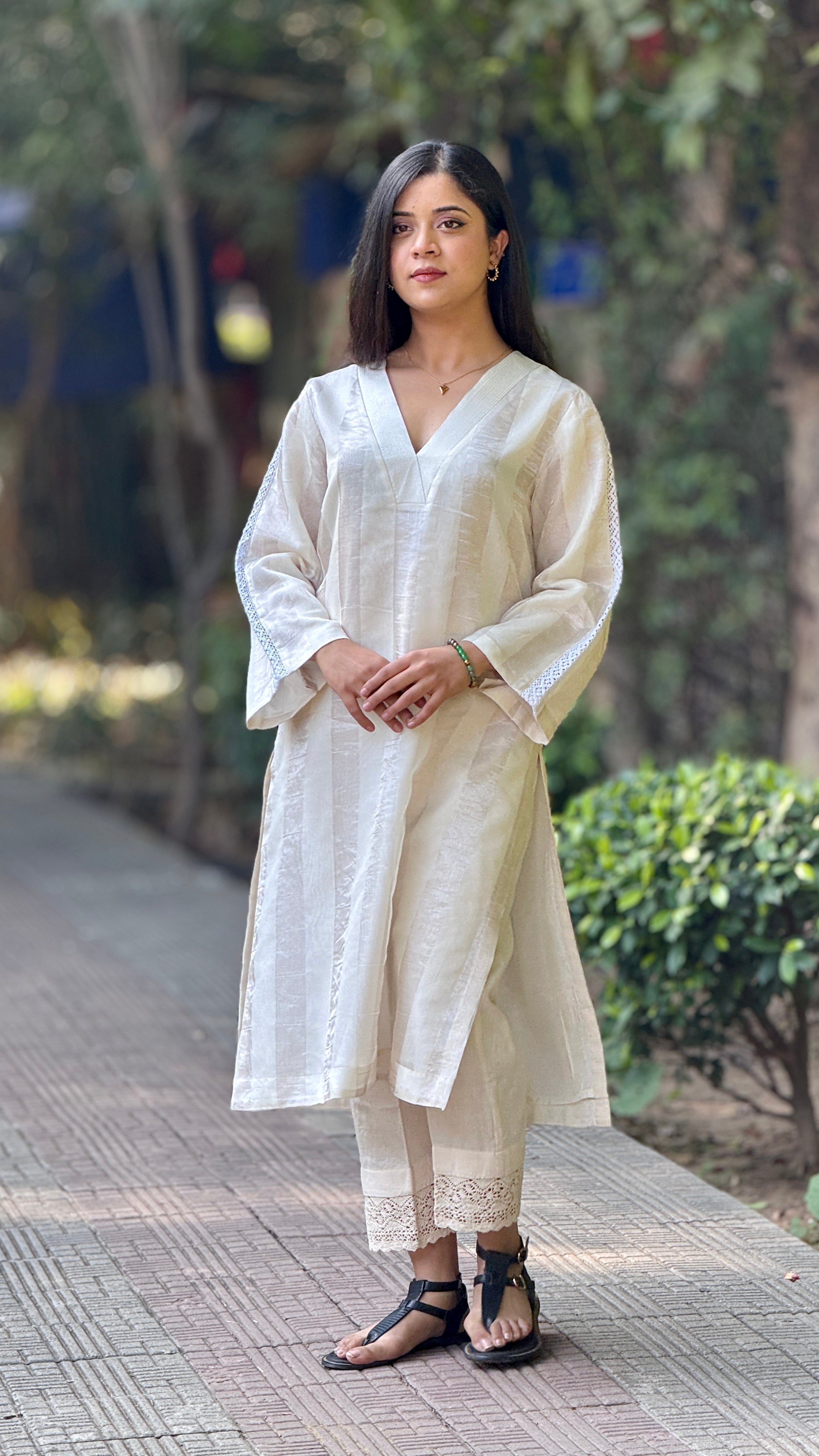 Noor Off-White Silver Striped Chanderi Kurta Set