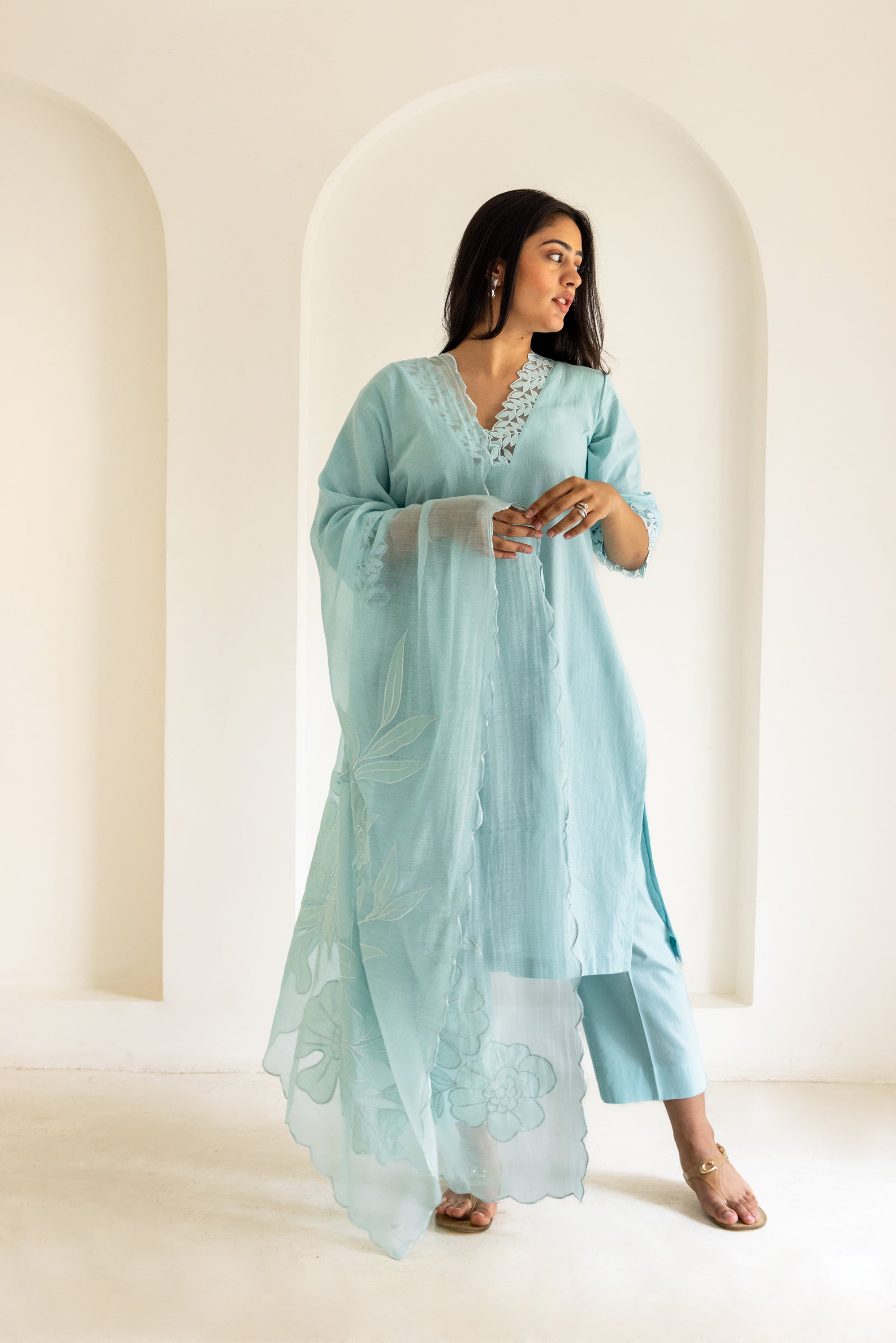 Powder blue cotton scalloped patchwork dupatta set
