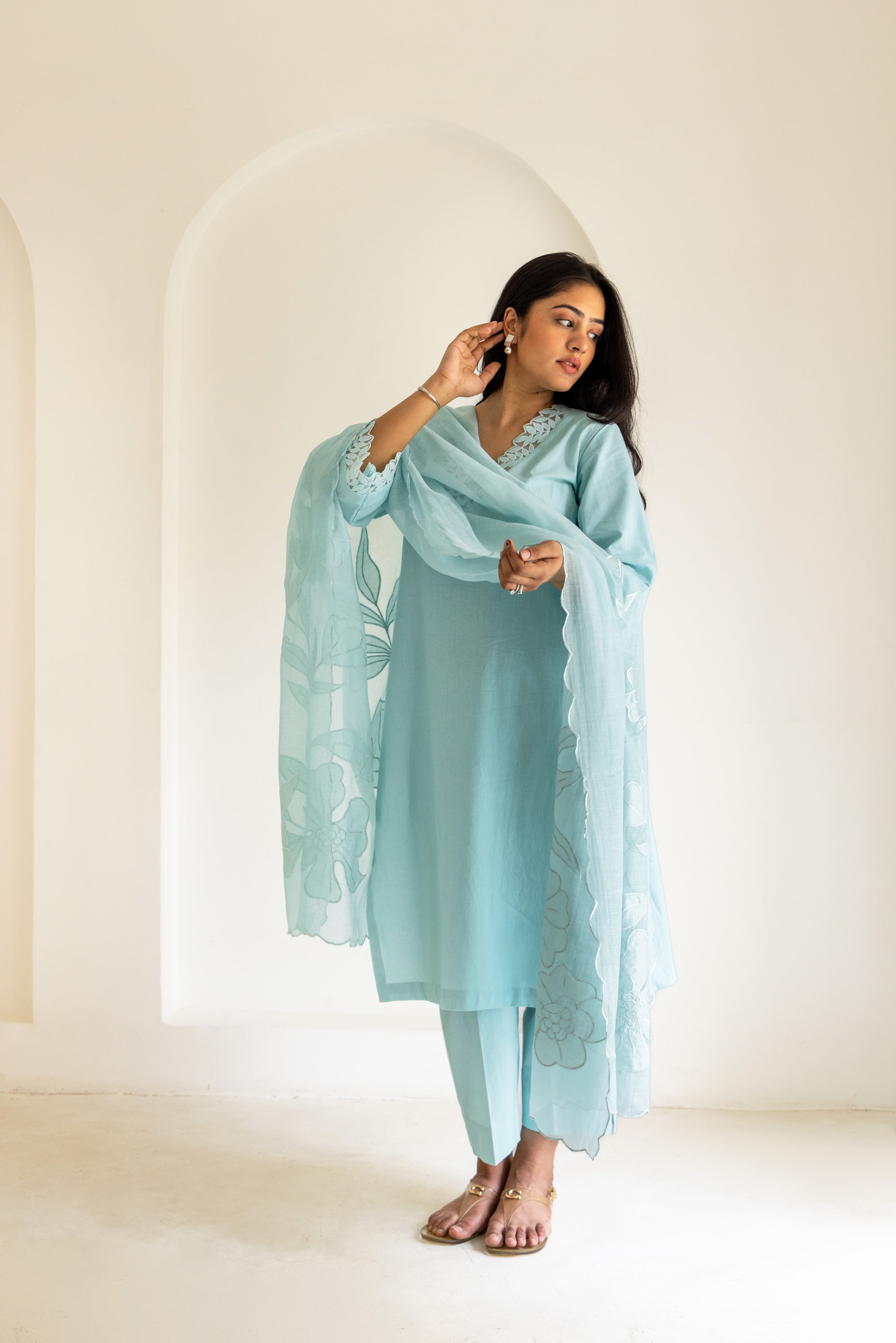 Powder blue cotton scalloped patchwork dupatta set