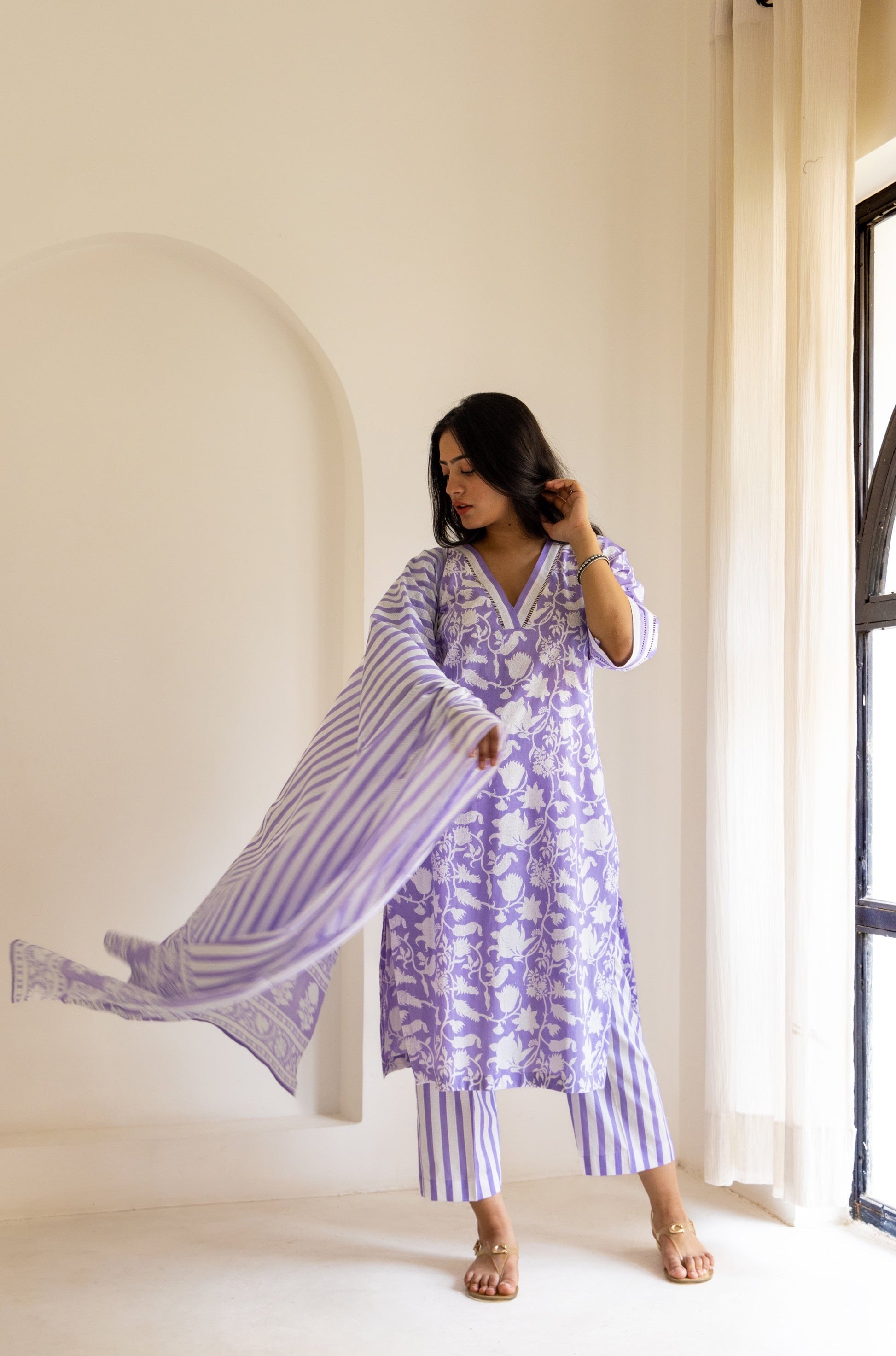 Lilac block printed cotton set