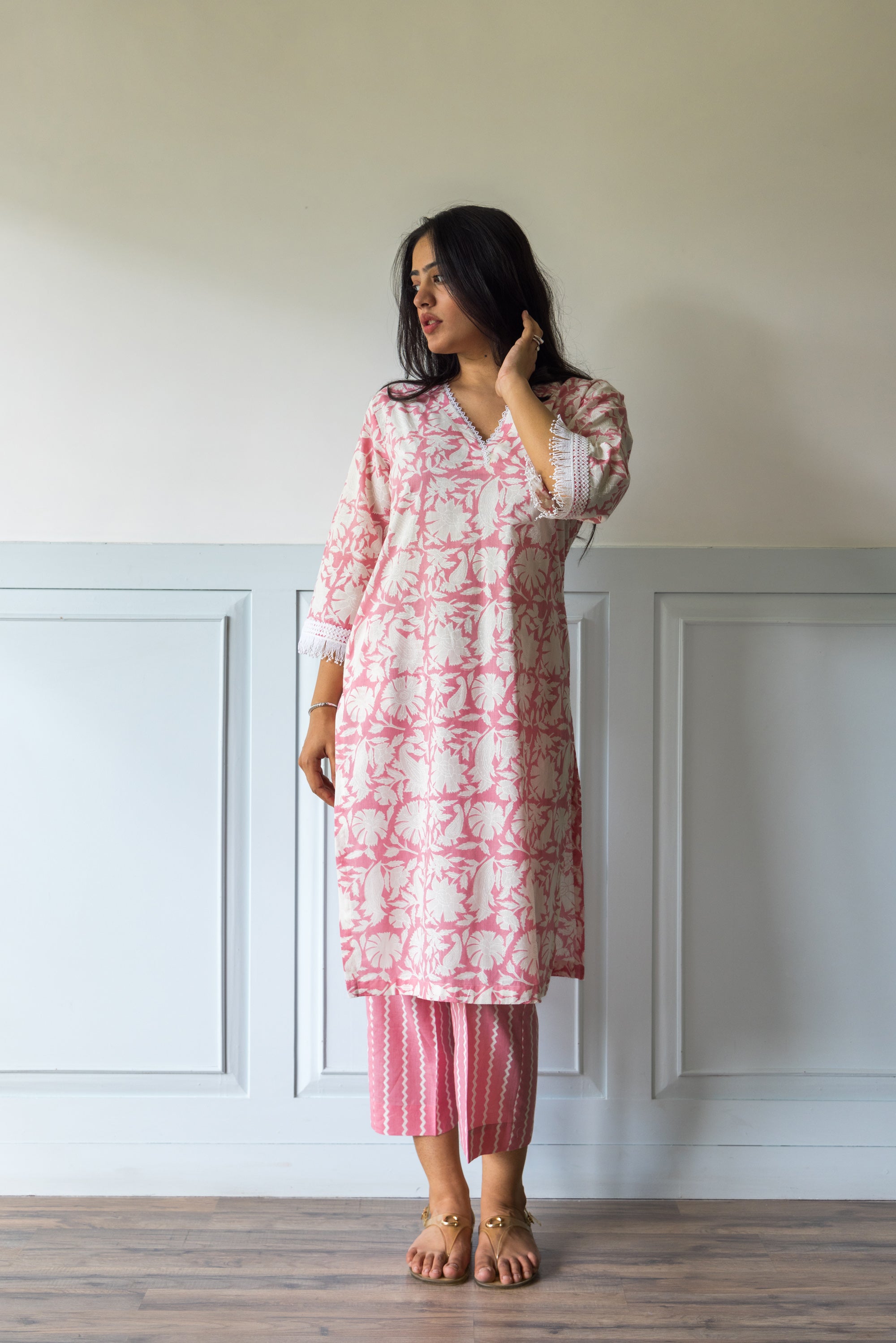 Petal pink block printed cotton set - Set of 2