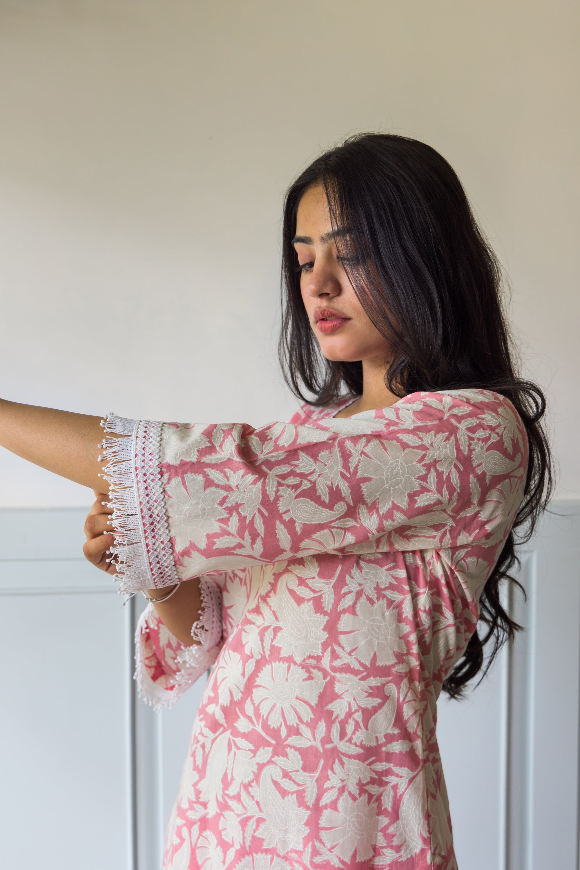 Petal pink block printed cotton set - Set of 2