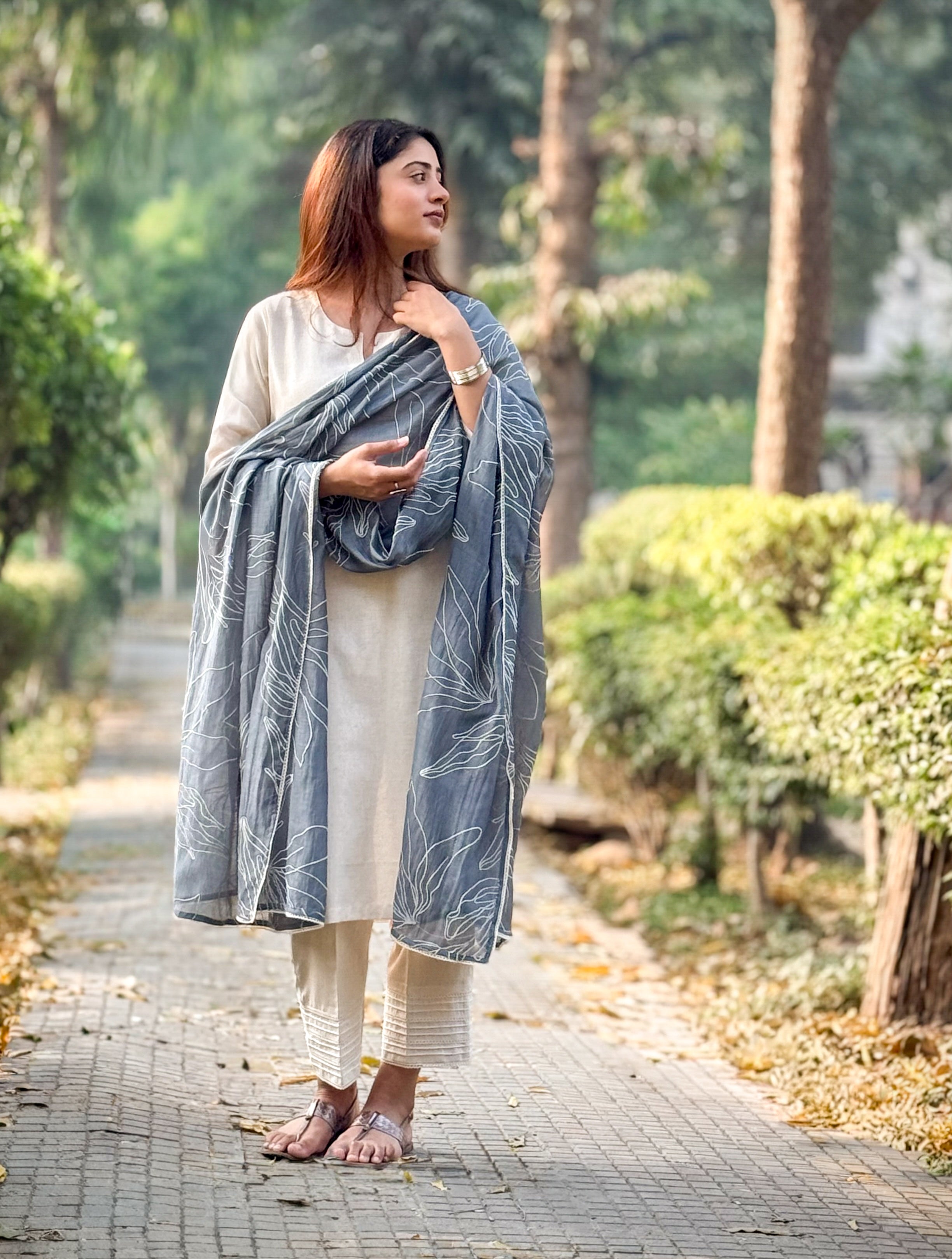Grey embroidered Chanderi dupatta set