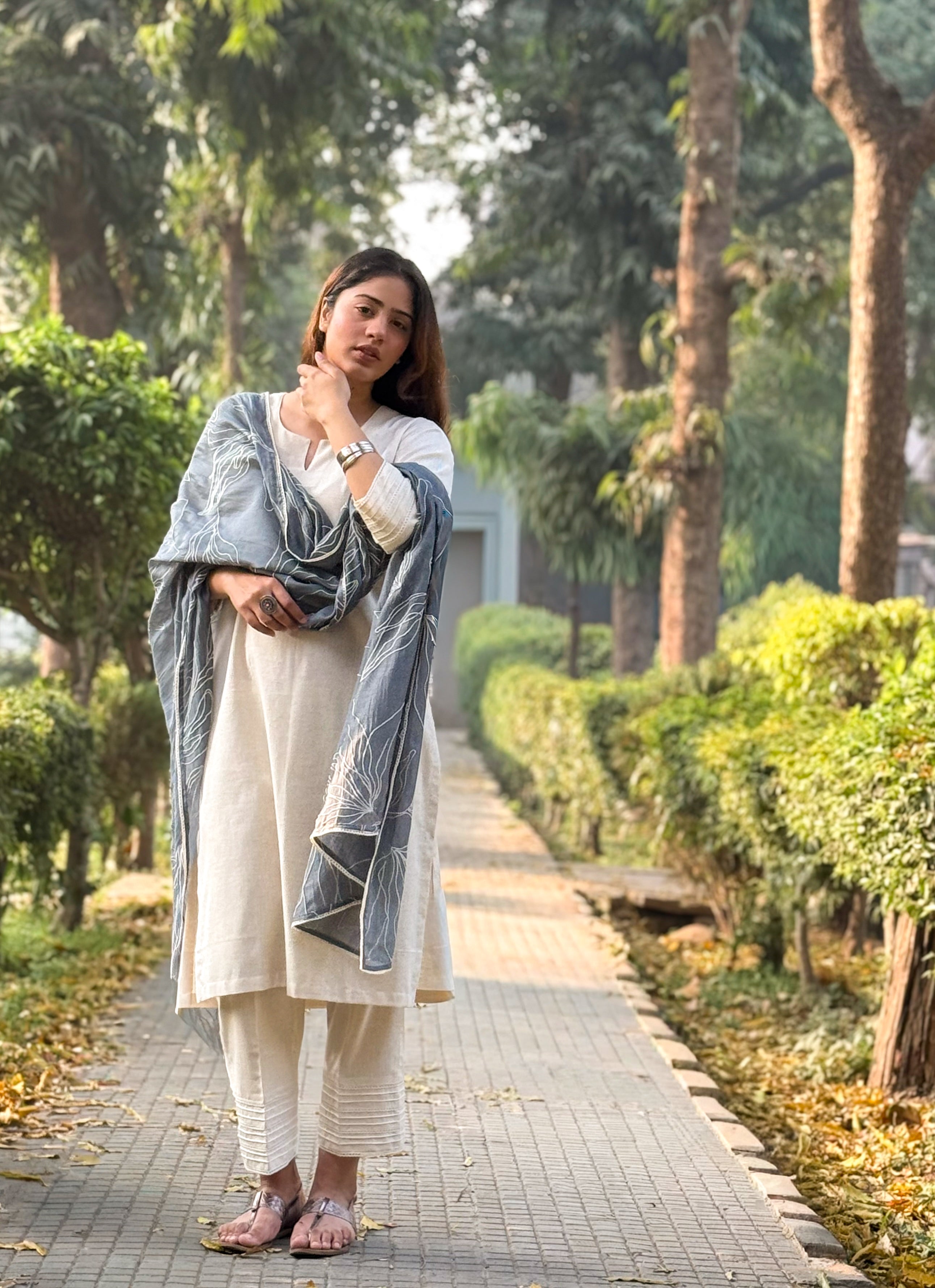 Grey embroidered Chanderi dupatta set