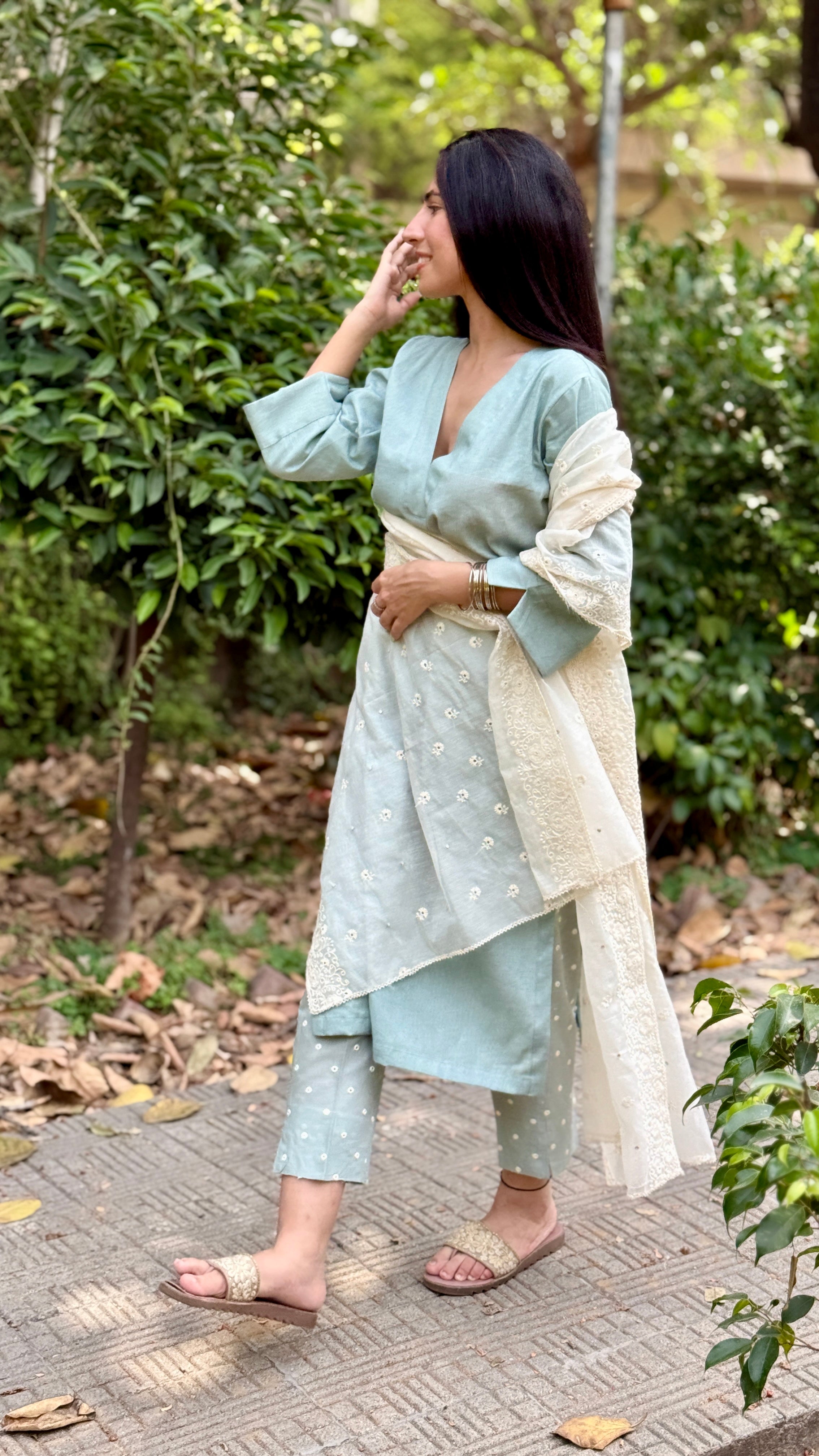 Teal cotton mirror work pants set