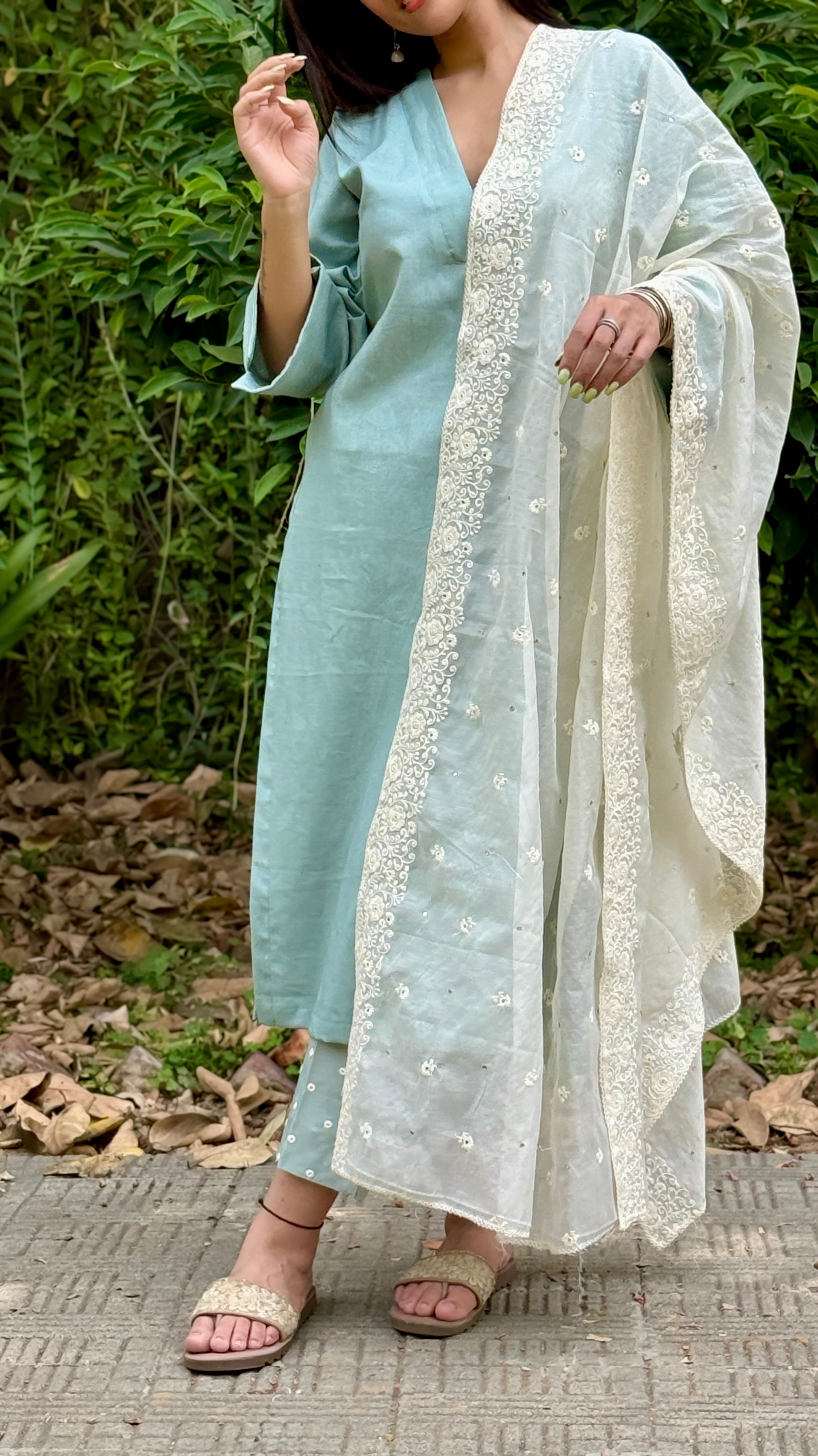 Teal cotton mirror work pants set
