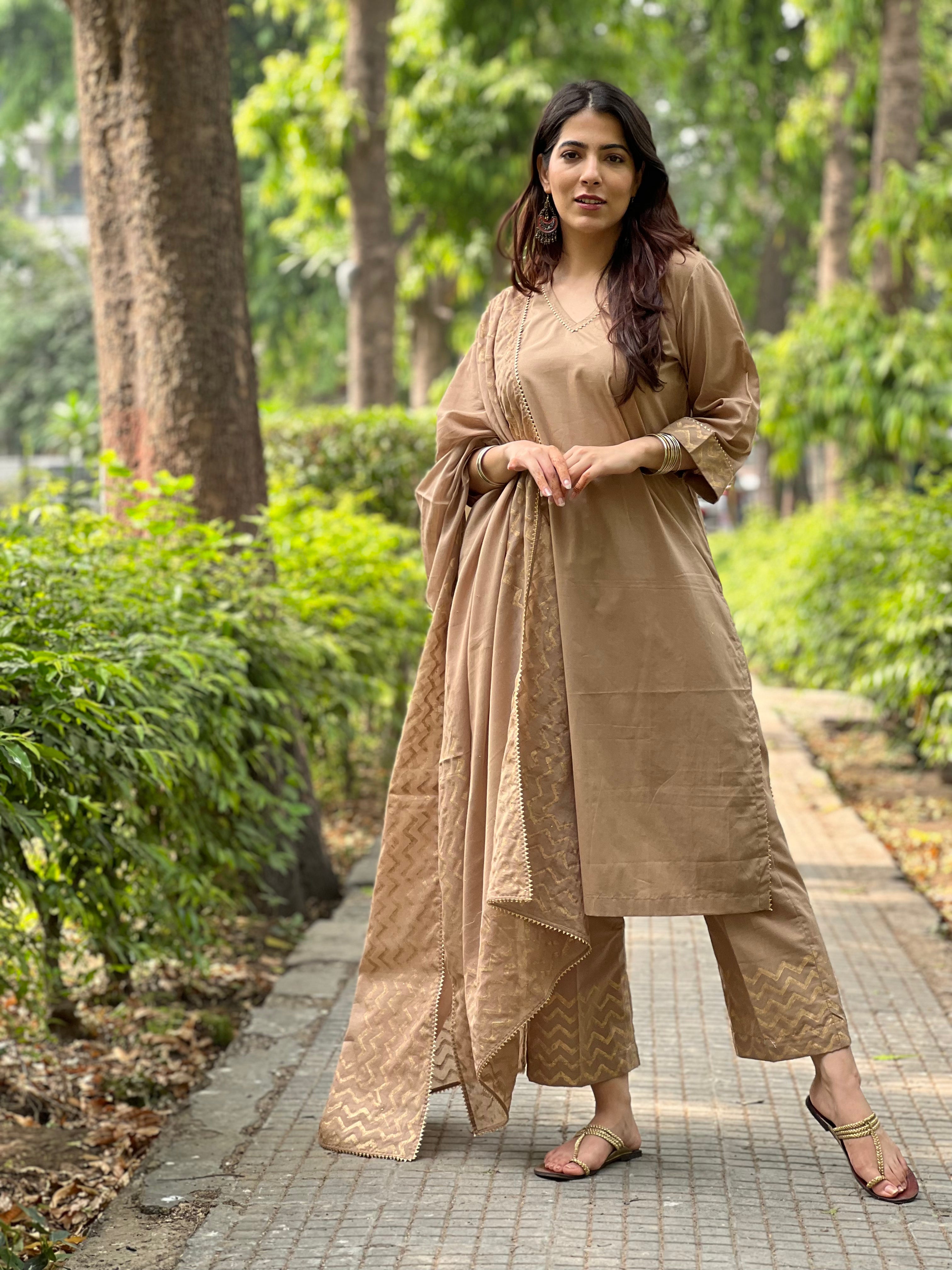 Green block printed cotton set