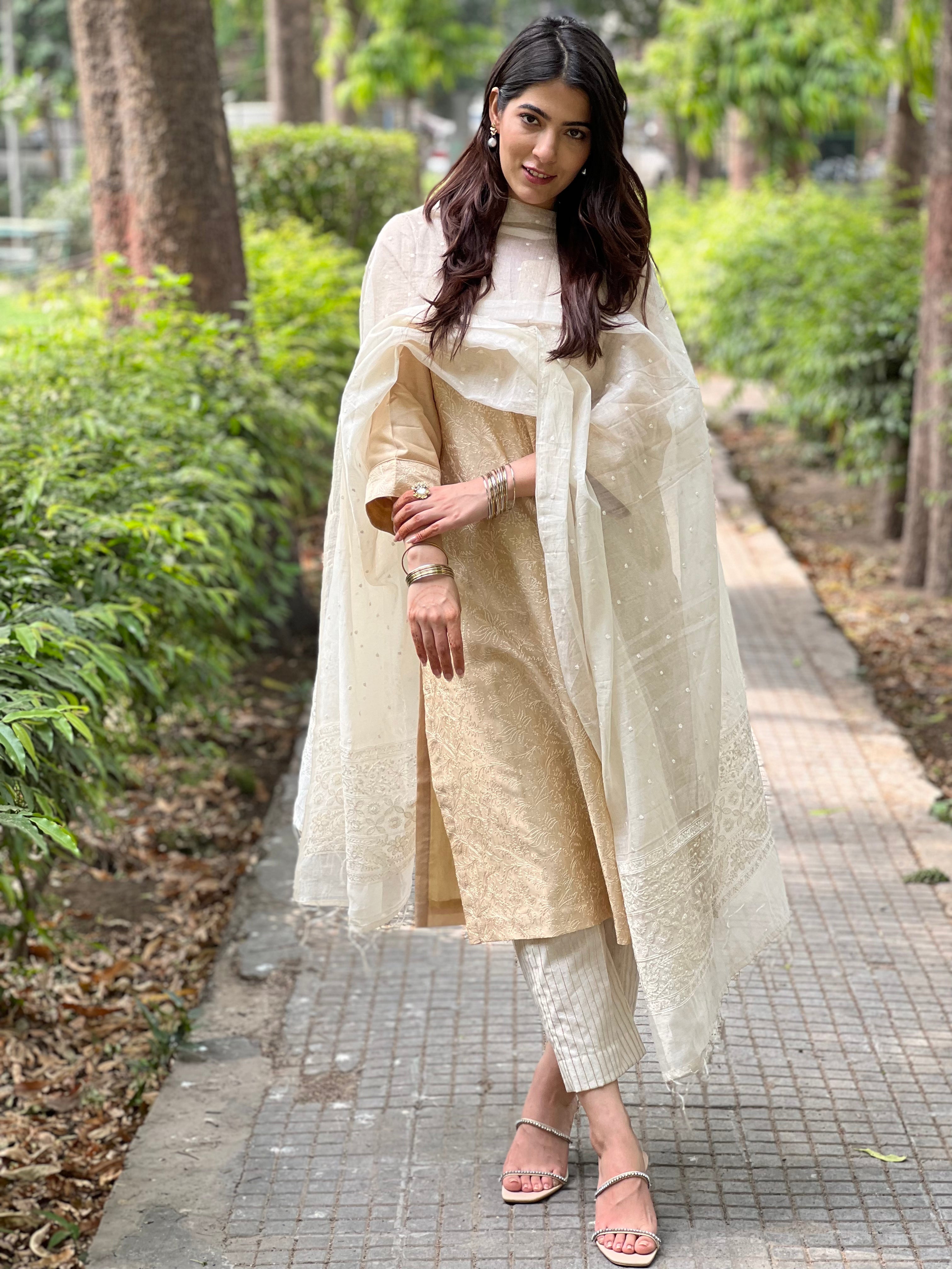 Beige Embroidered Chanderi Kurta with Off White Striped Pants and Dupatta