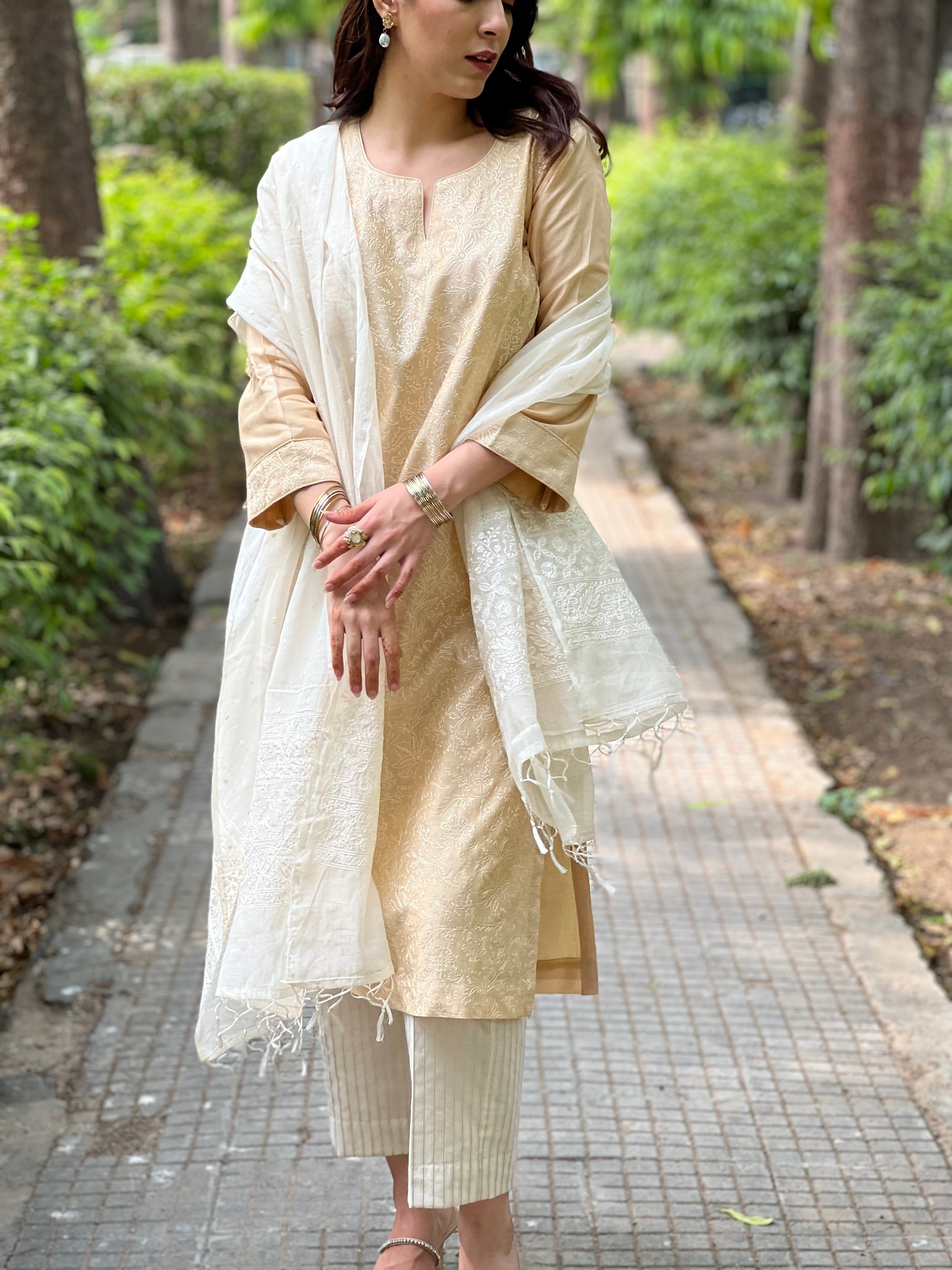 Beige Embroidered Chanderi Kurta with Off White Striped Pants and Dupatta