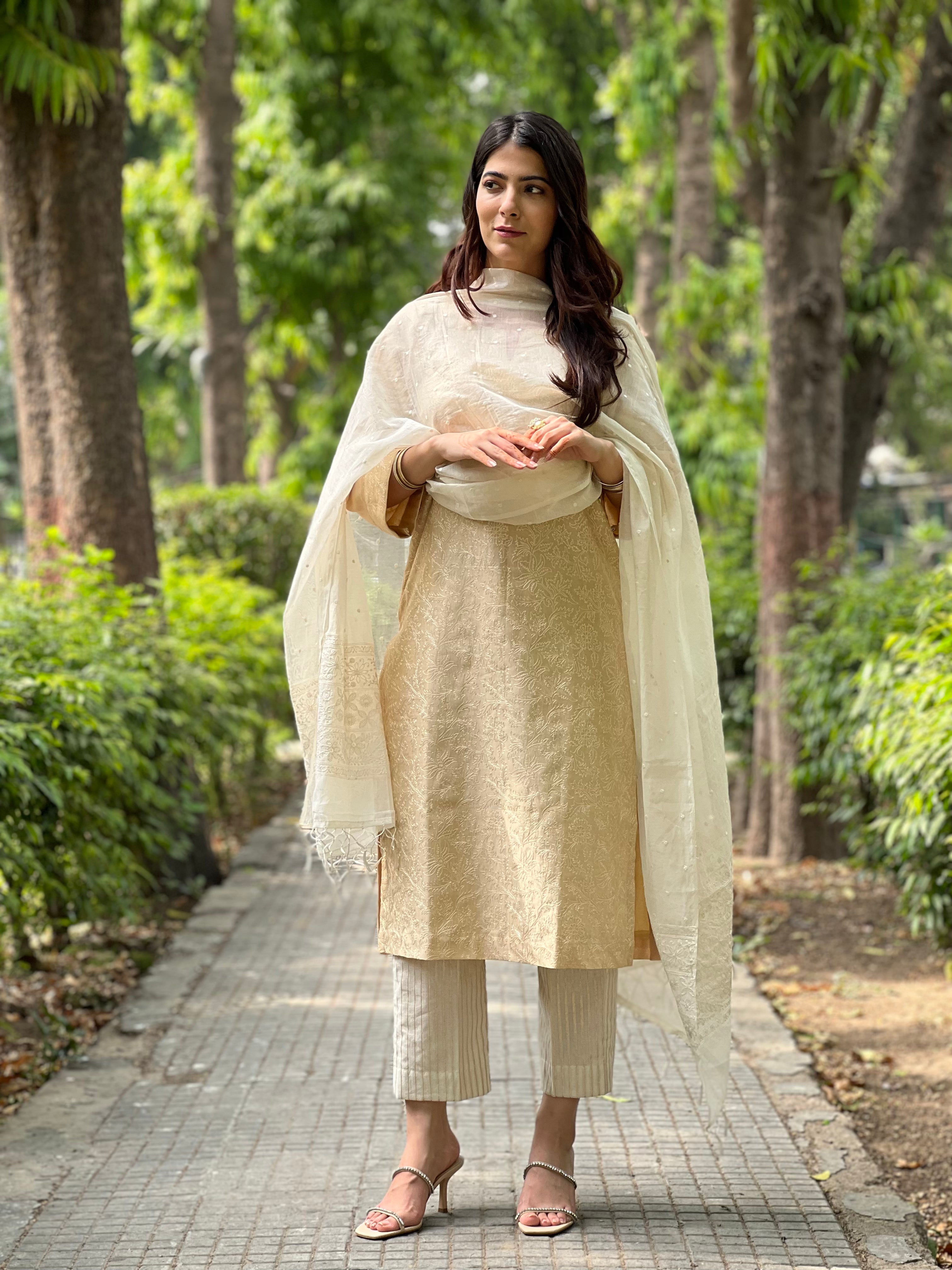 Beige Embroidered Chanderi Kurta with Off White Striped Pants and Dupatta