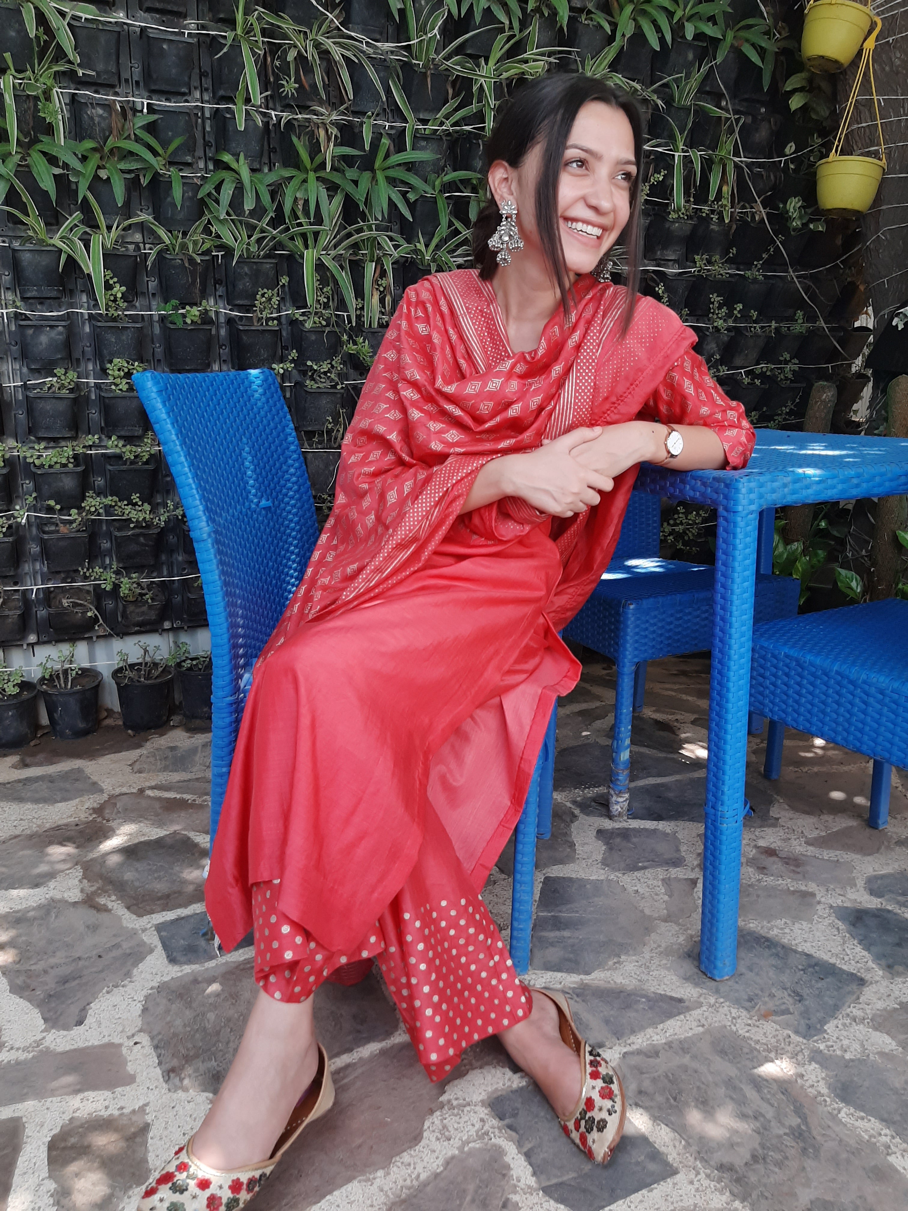 Candy red muslin silk set