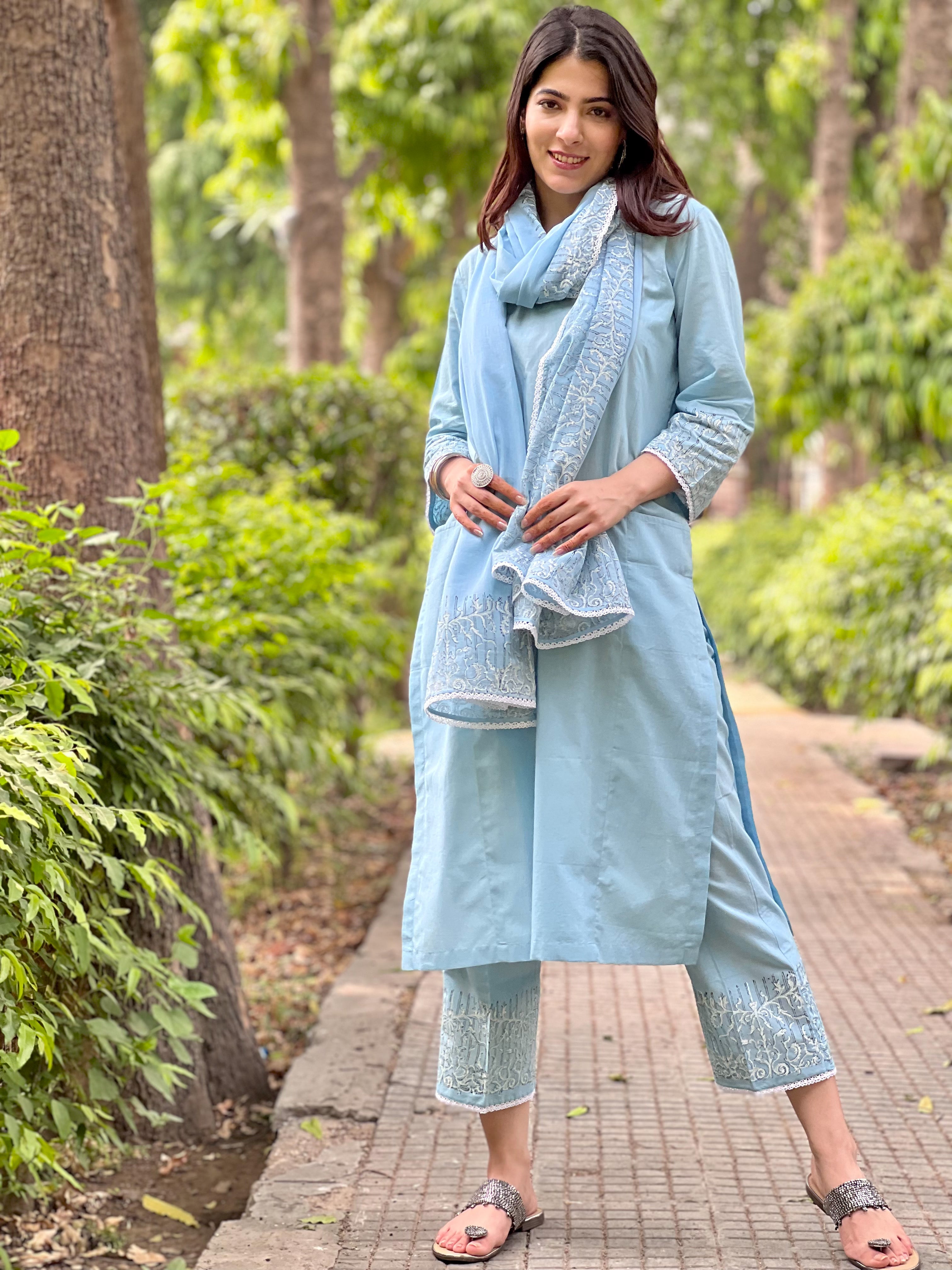 Sky blue block printed cotton set