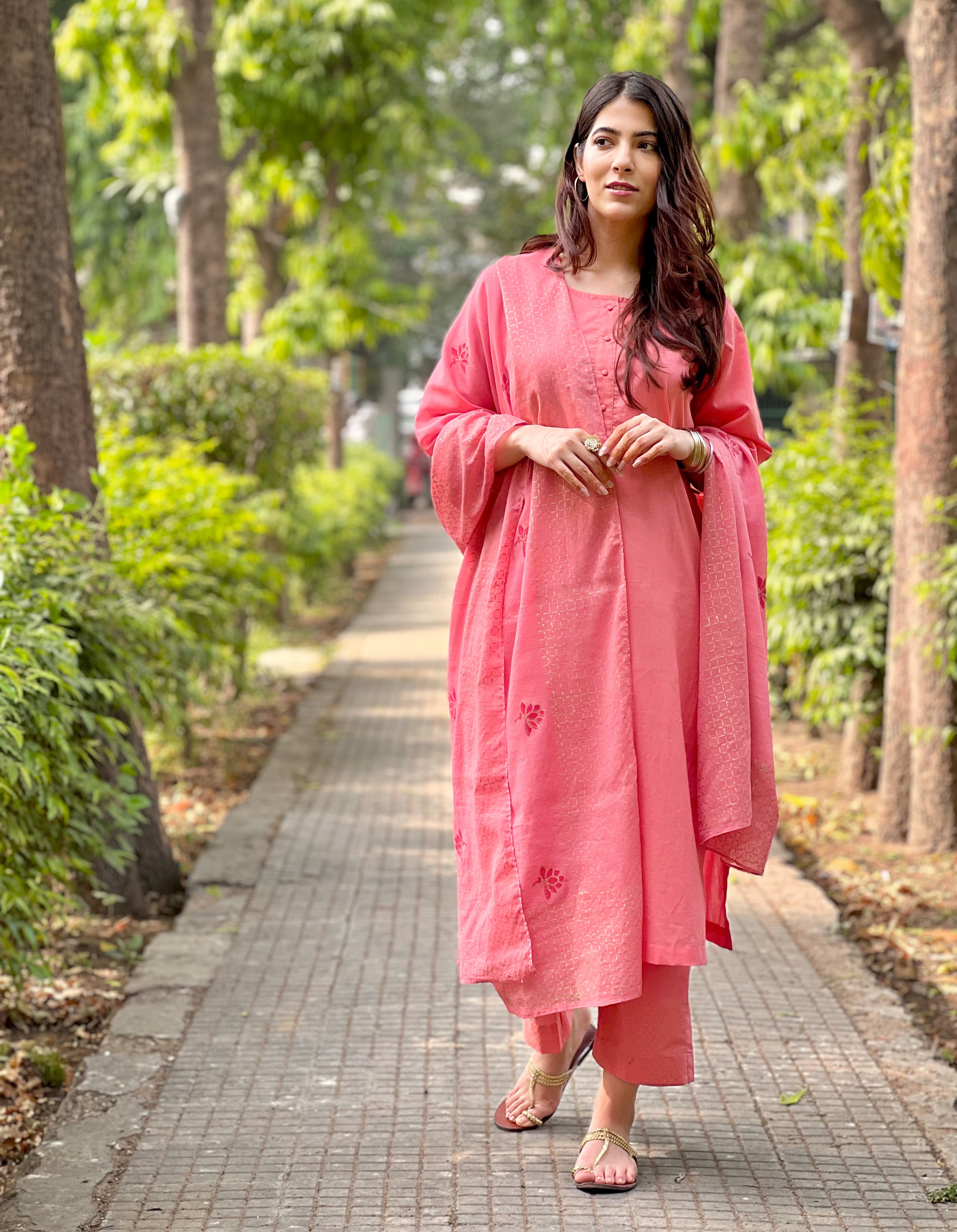 Peach block printed cotton set