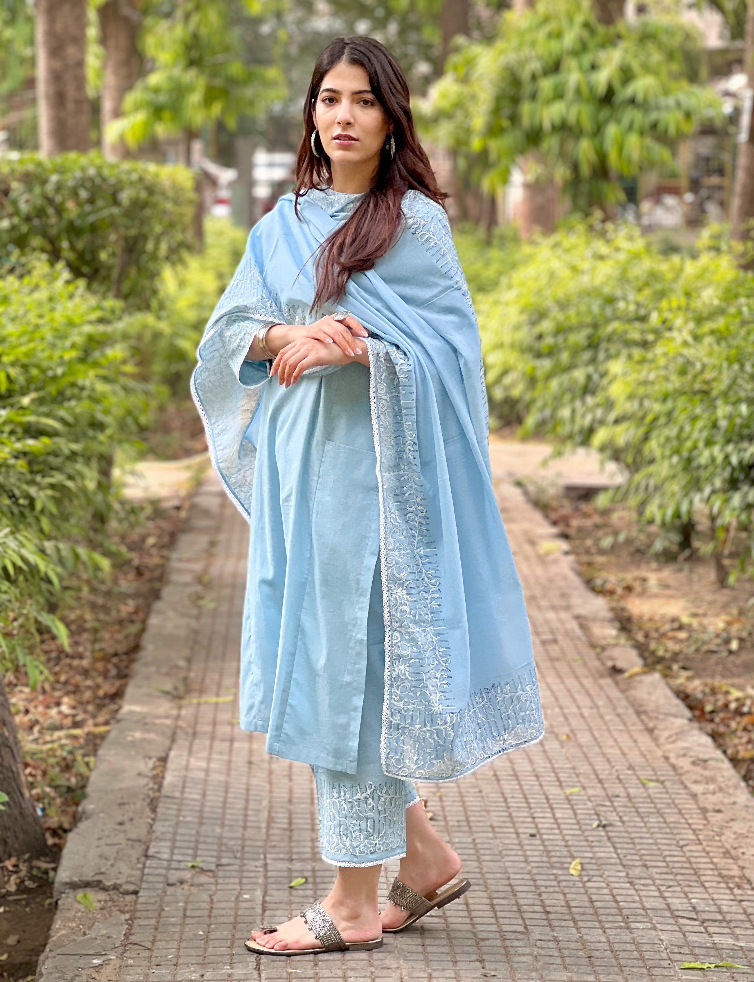 Sky blue block printed cotton set