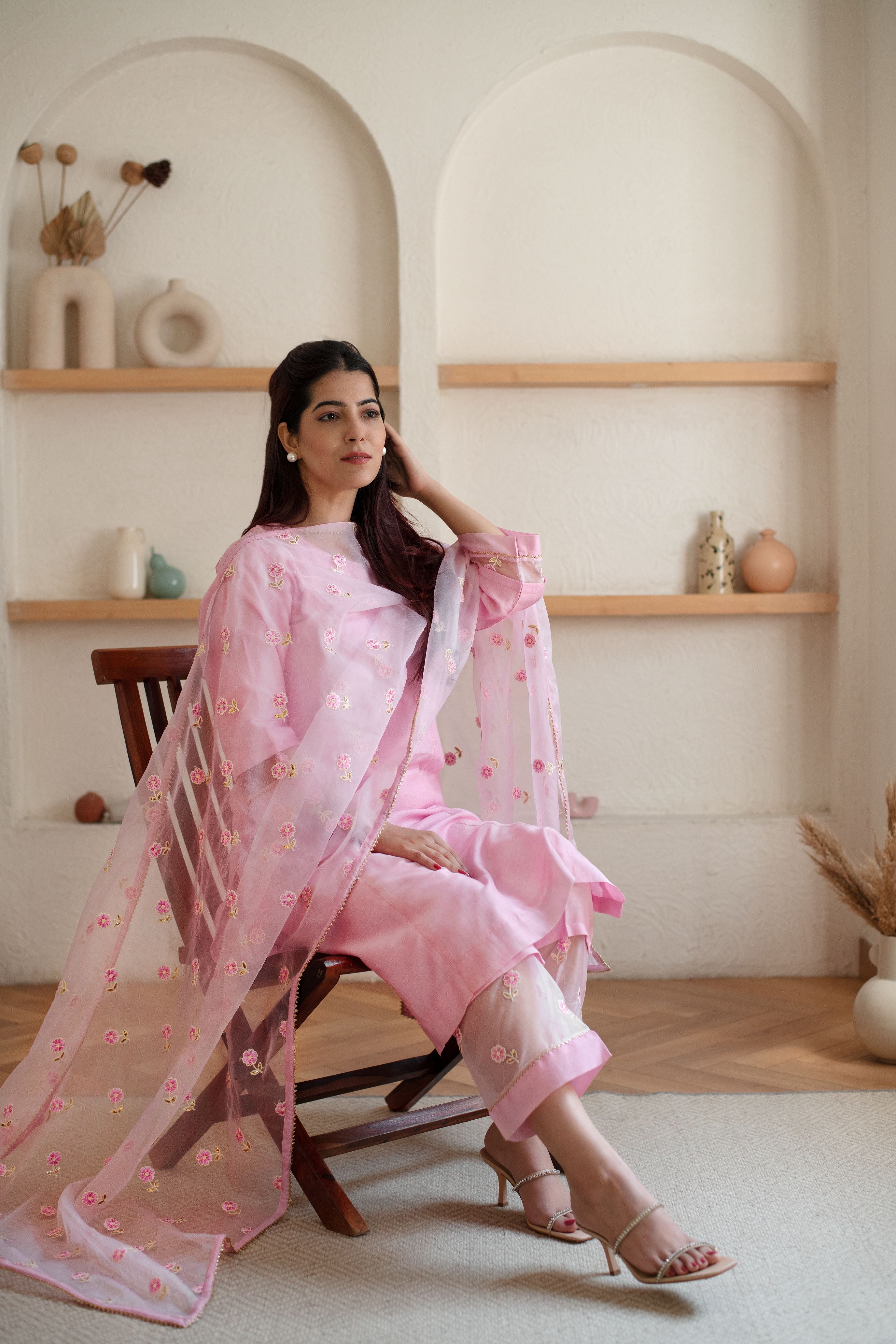 Pink organza dupatta set