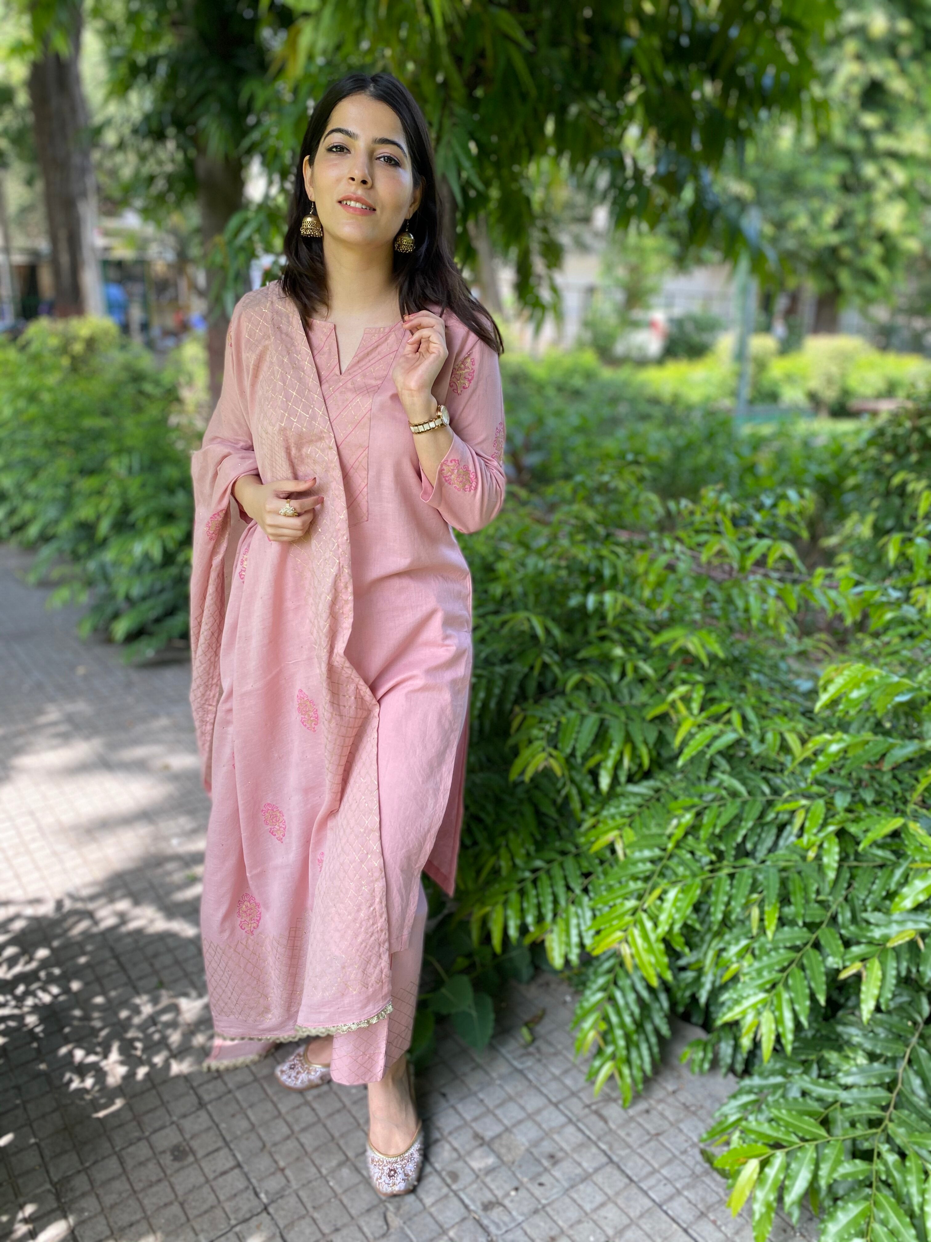 Pink handblock printed cotton set